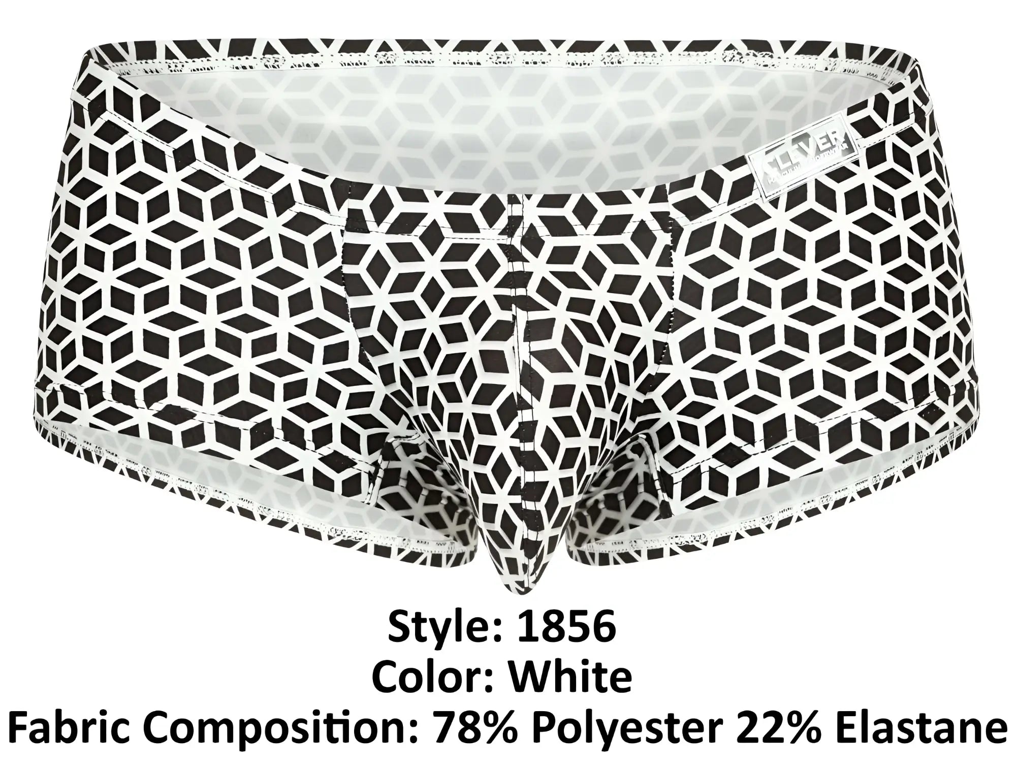 White briefs with a bold black geometric interlocking cube pattern from clever 1856 cuadricula trunks in white