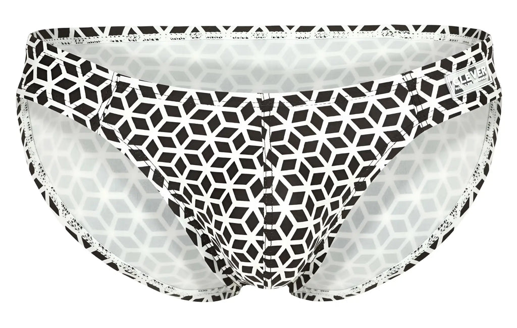 Black and white geometric patterned clever 1857 cuadricula bikini briefs with subtle lace trim along the edges