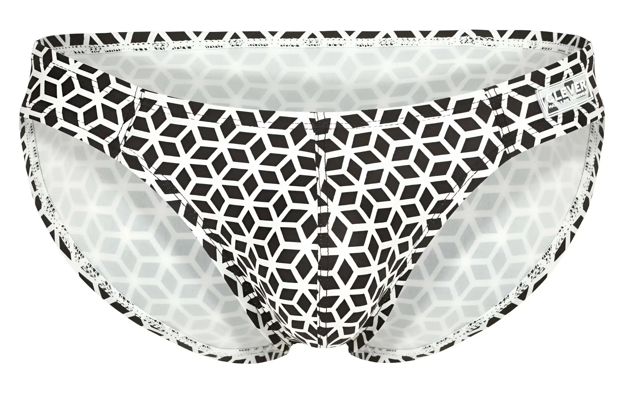 Black and white geometric patterned clever 1857 cuadricula bikini briefs with subtle lace trim along the edges
