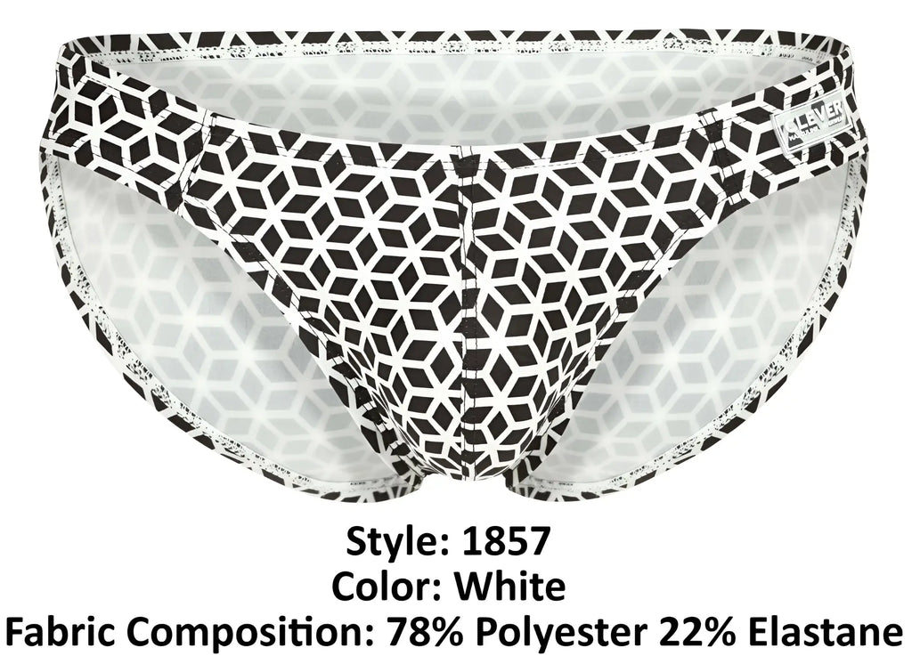 White clever 1857 cuadricula bikini briefs with bold black geometric pattern and elastic waistband