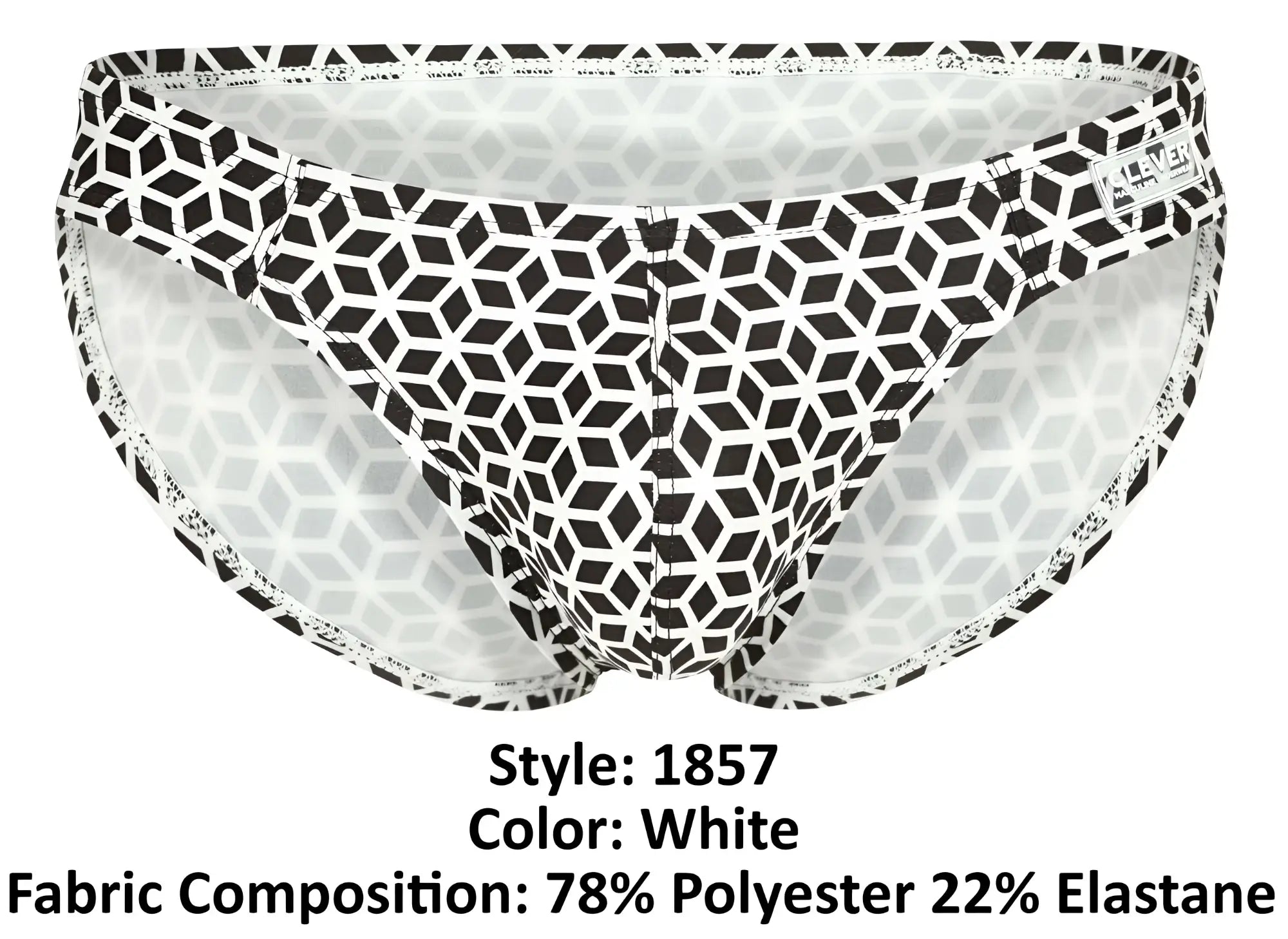 White clever 1857 cuadricula bikini briefs with bold black geometric pattern and elastic waistband