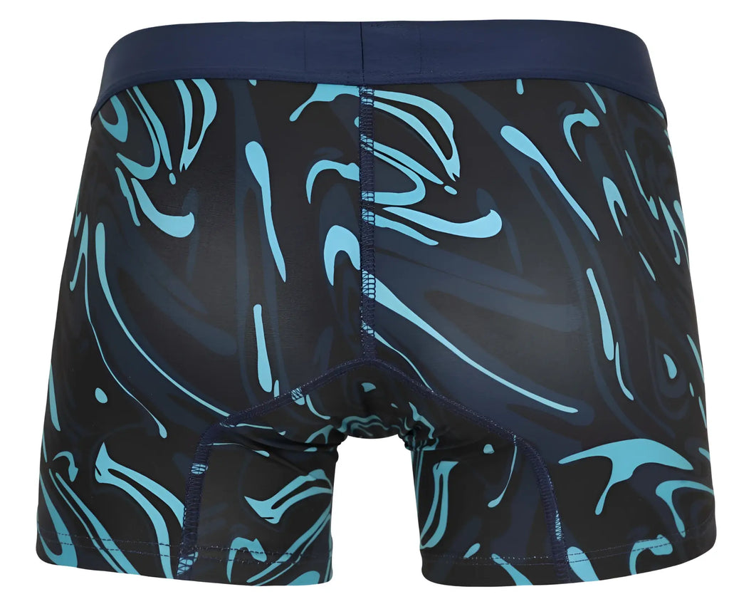 Clever 1858 Grosh trunks boxer briefs with black and teal swirl pattern and navy waistband in dark blue color