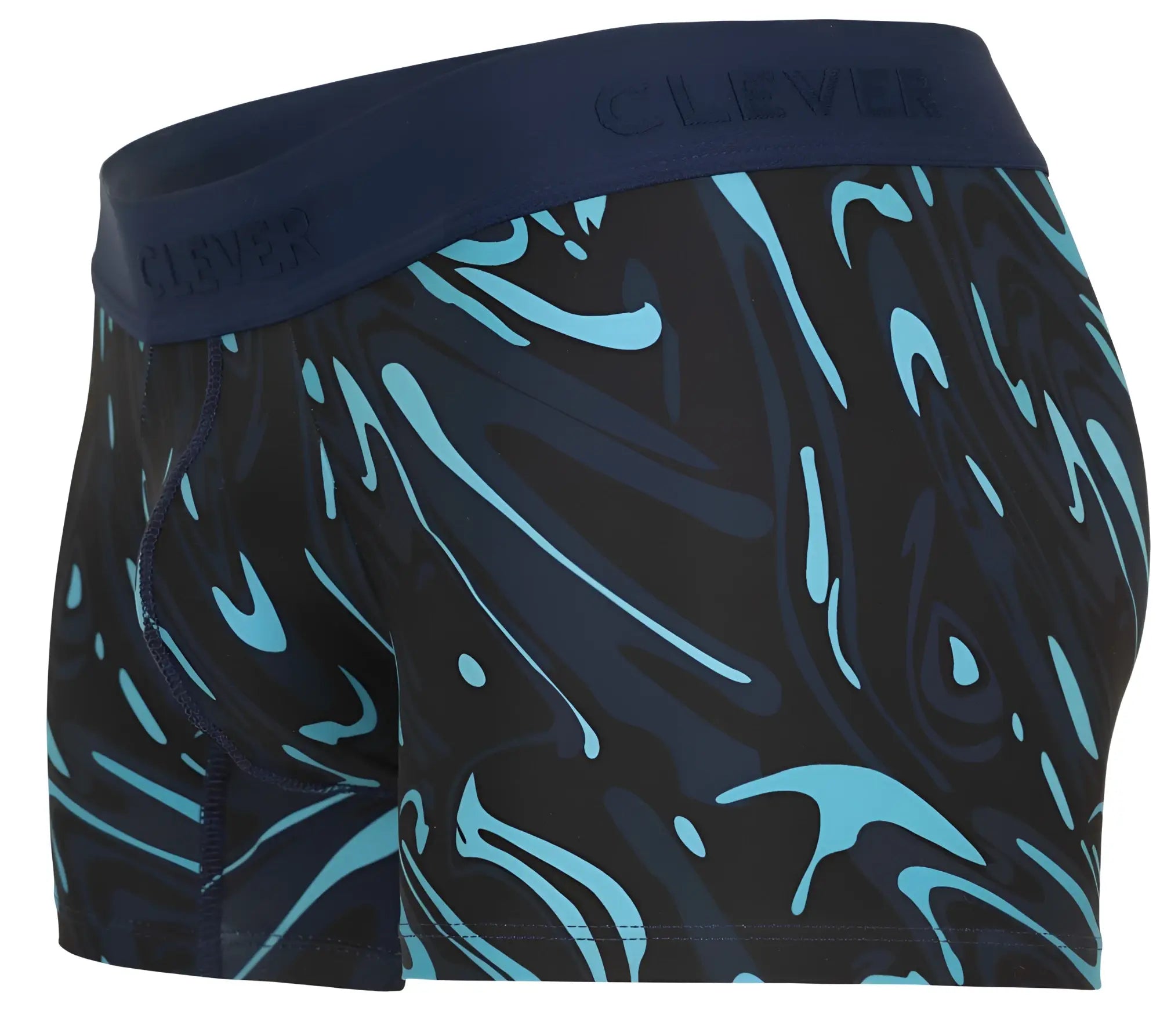 Dark blue boxer briefs with vibrant teal abstract swirl pattern and clever embossed waistband from clever 1858 grosh trunks