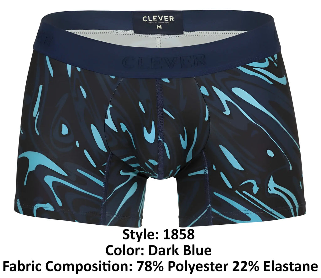 Dark blue clever 1858 grosh trunks boxer briefs with vibrant turquoise abstract swirl pattern and branded waistband