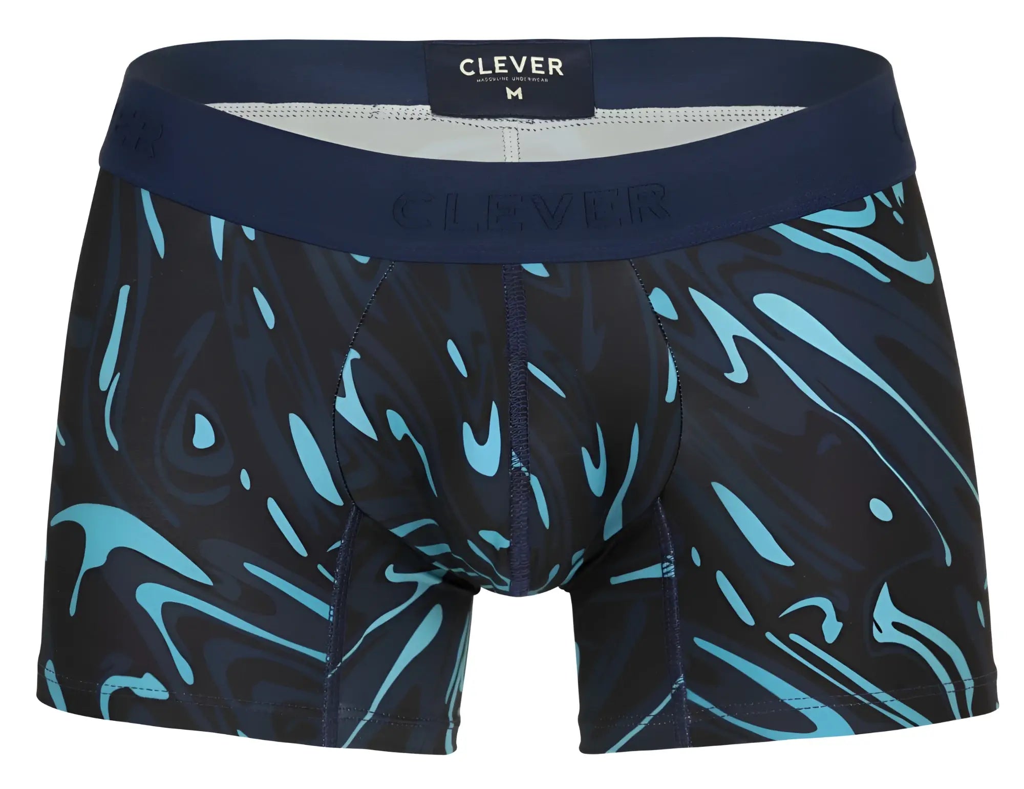 Dark blue clever 1858 grosh trunks boxer briefs with vibrant turquoise abstract swirl pattern and clever waistband label
