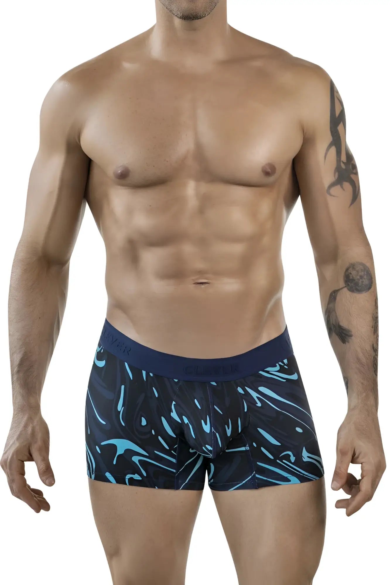 Dark blue clever 1858 grosh trunks boxer briefs with turquoise abstract wave pattern and solid navy waistband