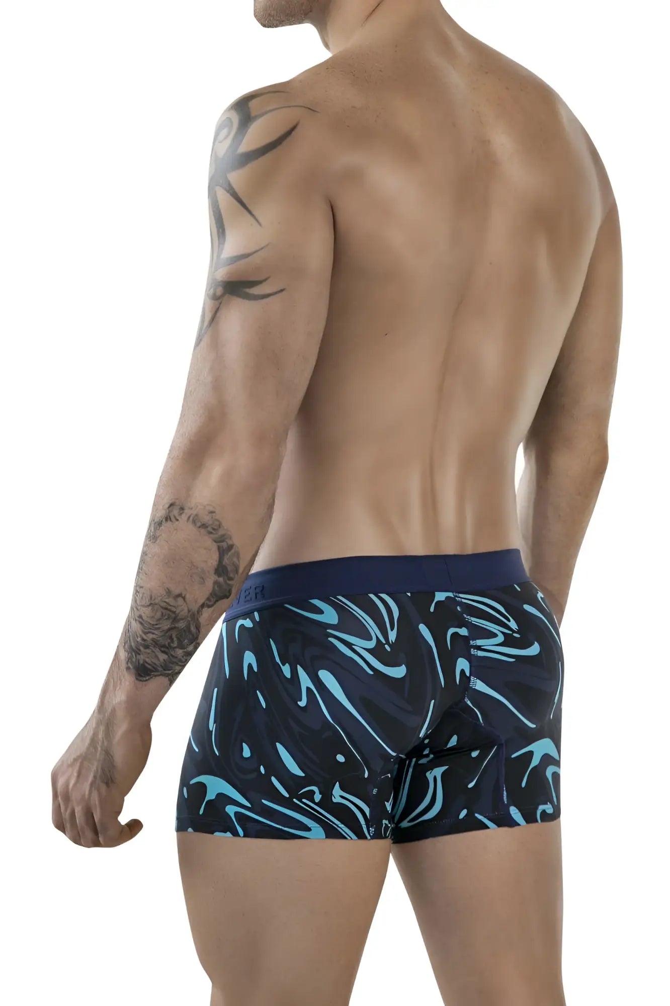 Men’s navy blue clever 1858 grosh trunks boxer briefs with vibrant turquoise abstract wave pattern design