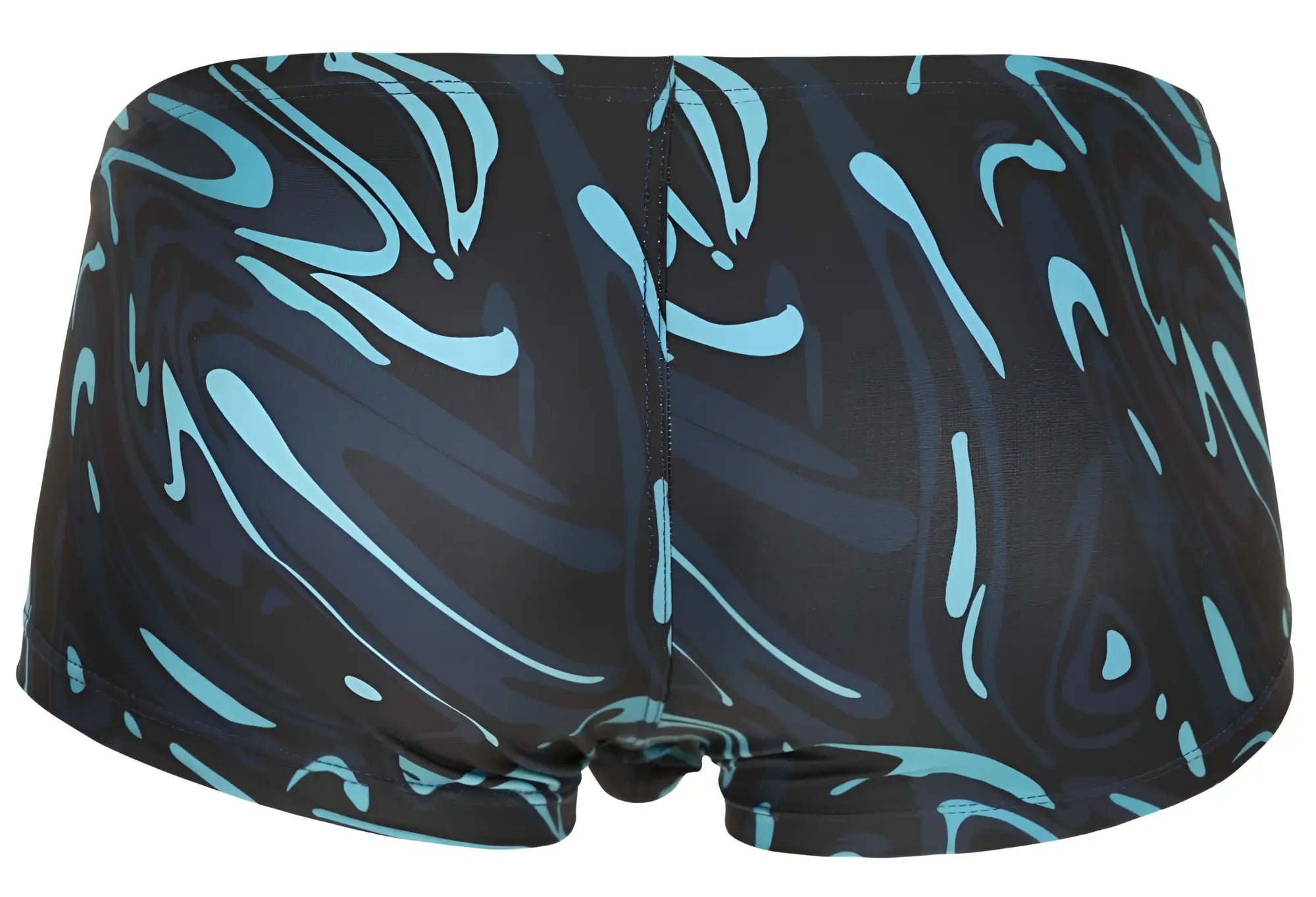 Black clever 1860 grosh swim trunks with teal and light blue swirling pattern in dark blue for swimming and beachwear