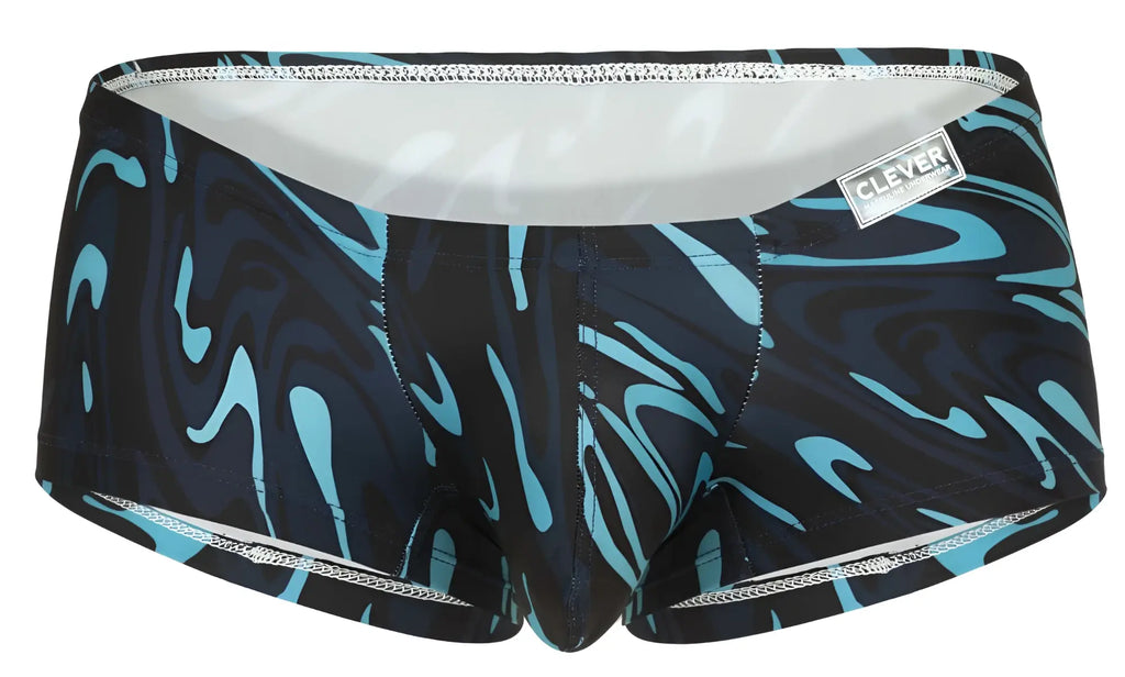 Clever 1860 Grosh trunks in dark blue with black and teal abstract wave pattern and silver zipper trim swim shorts