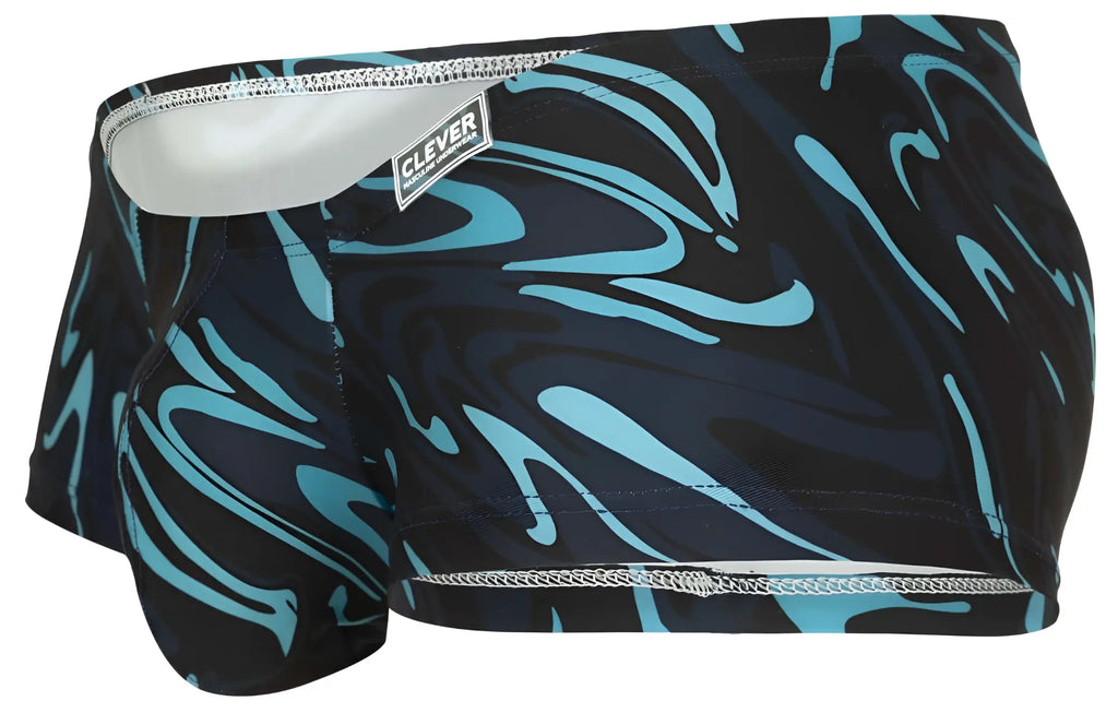Clever 1860 grosh trunks men’s swim trunks in dark blue with turquoise abstract swirls and silver zipper trim
