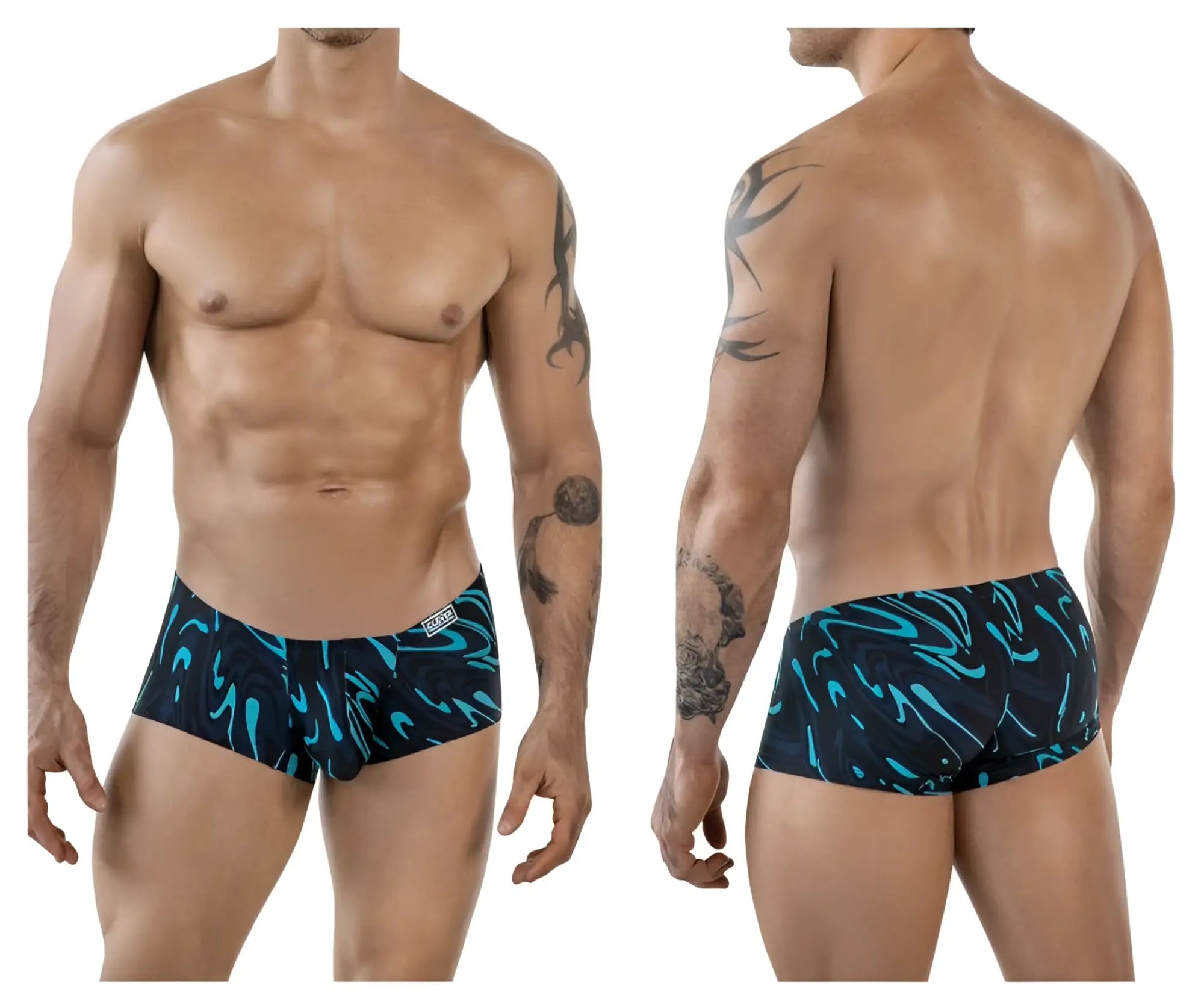 Men’s clever 1860 grosh trunks in dark blue with black and teal abstract swirl design for swimming and beachwear