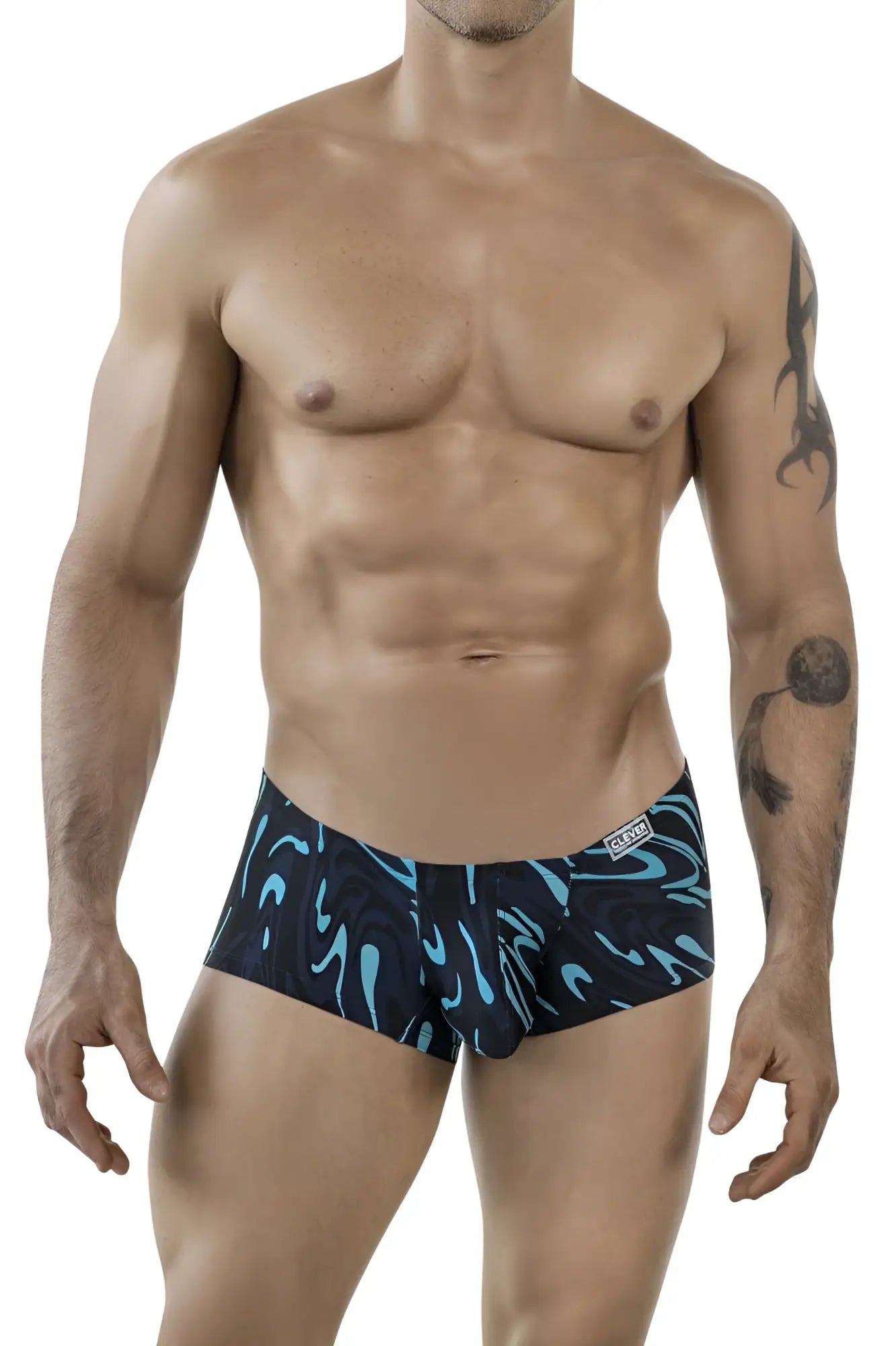 Mens clever 1860 grosh trunks briefs in black and teal with abstract wave pattern in dark blue color