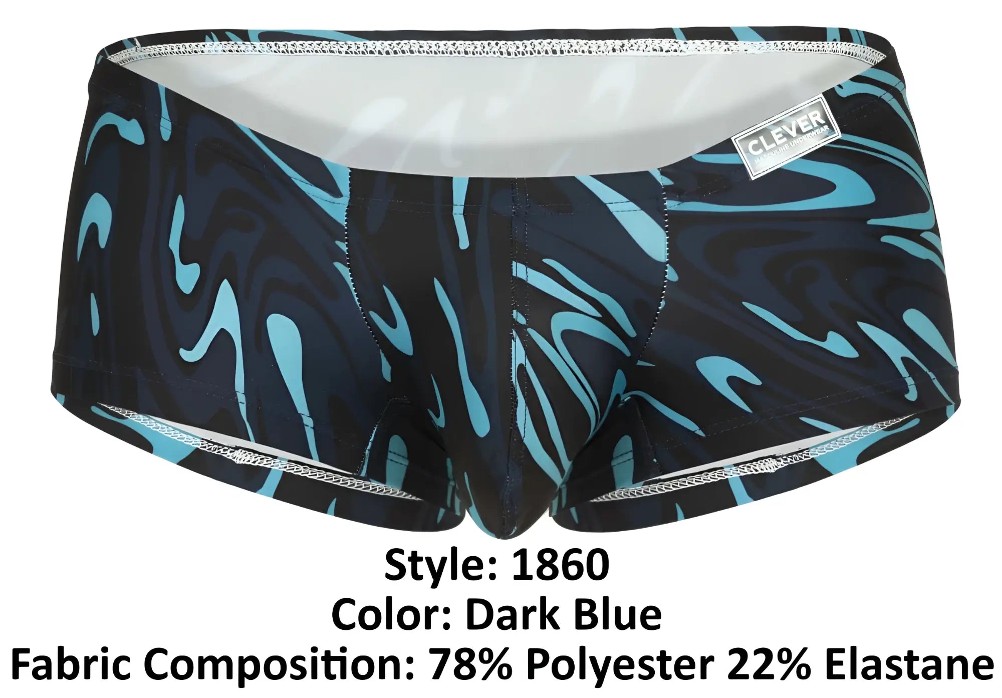 Dark blue clever 1860 grosh trunks with swirling teal and black abstract pattern and white inner lining
