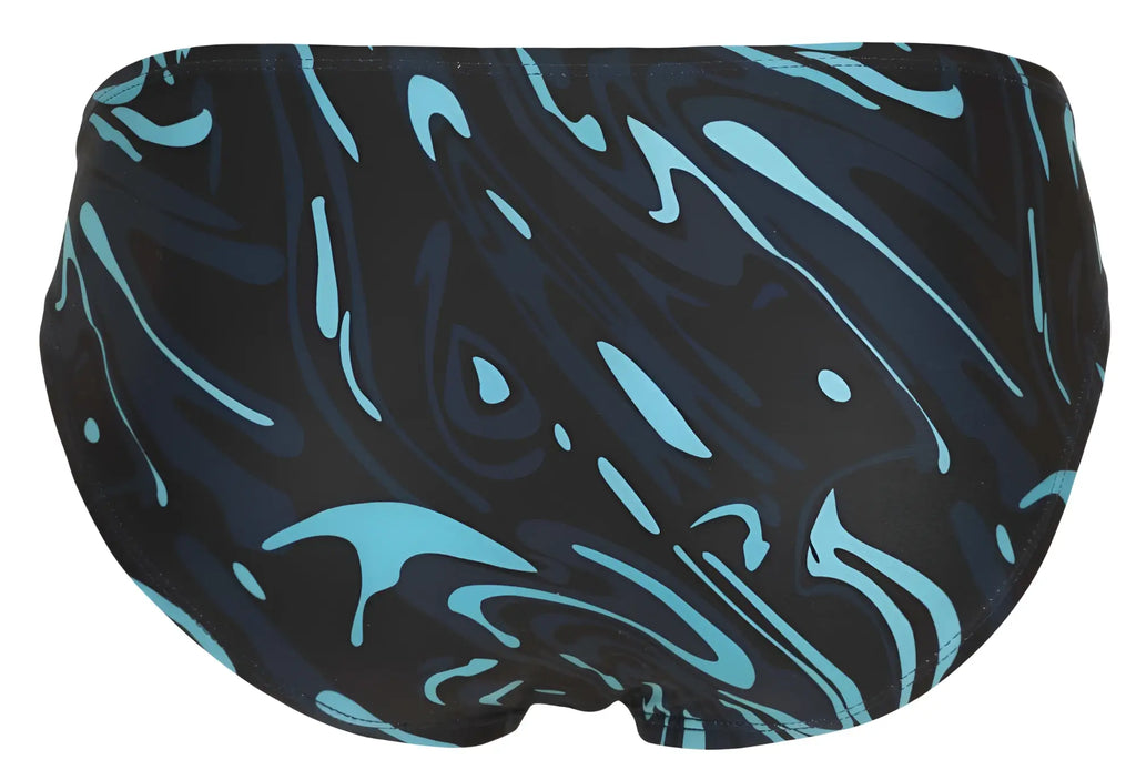 Black swim trunks with a dynamic turquoise swirl pattern from clever 1861 grosh bikini color dark blue collection