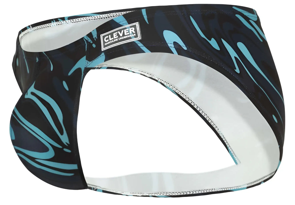 Clever 1861 Grosh bikini men’s underwear with black and teal abstract pattern and white interior lining in dark blue color
