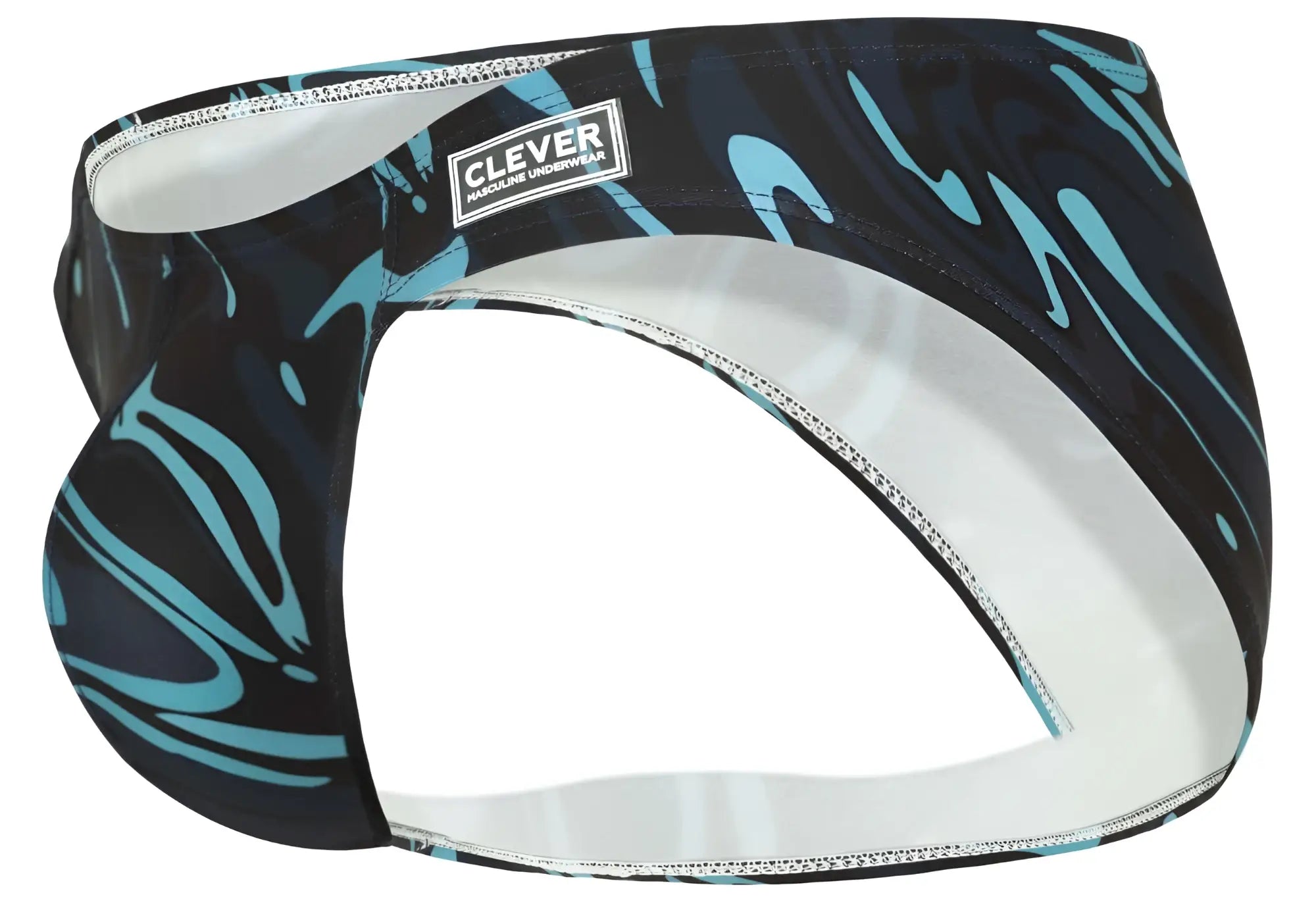 Clever 1861 Grosh bikini men’s underwear with black and teal abstract pattern and white interior lining in dark blue color