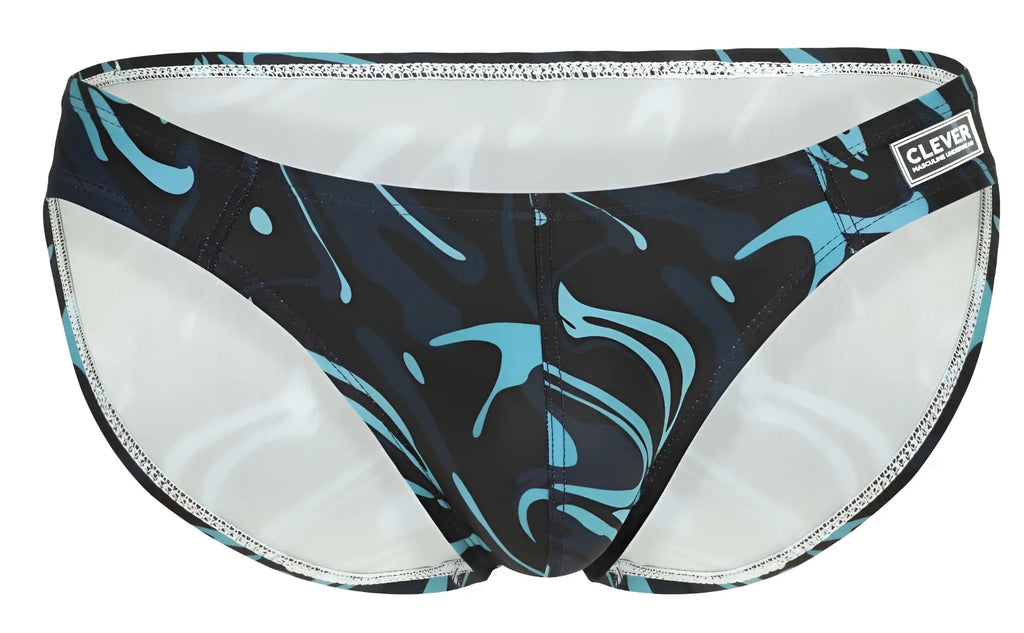 Clever 1861 Grosh bikini color dark blue swim trunks with black and teal splash pattern and white interior lining