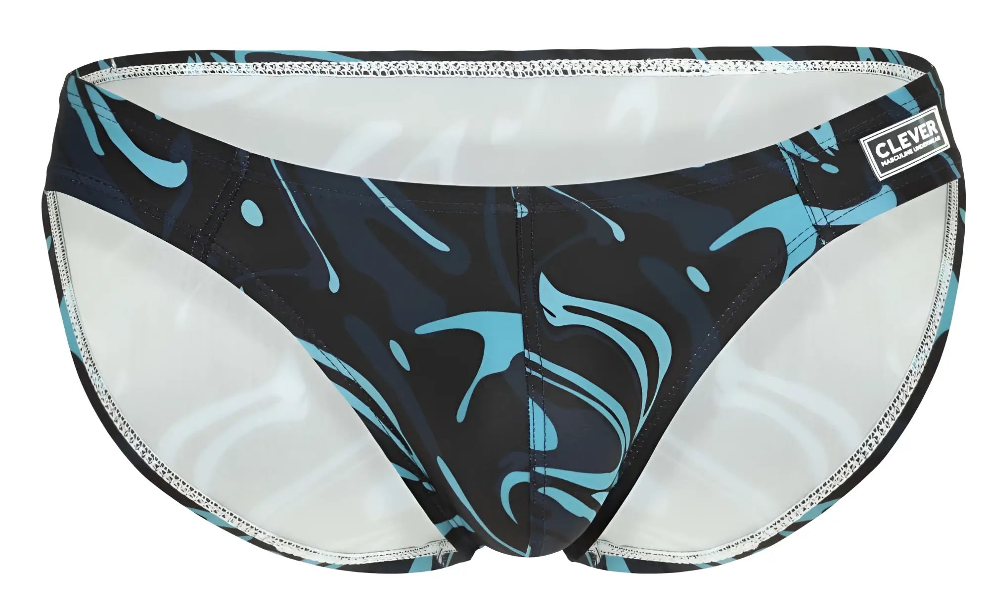 Clever 1861 Grosh bikini color dark blue swim trunks with black and teal splash pattern and white interior lining