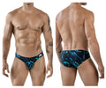 Men’s clever 1861 grosh bikini swim trunks in black and teal abstract pattern for casual beachwear
