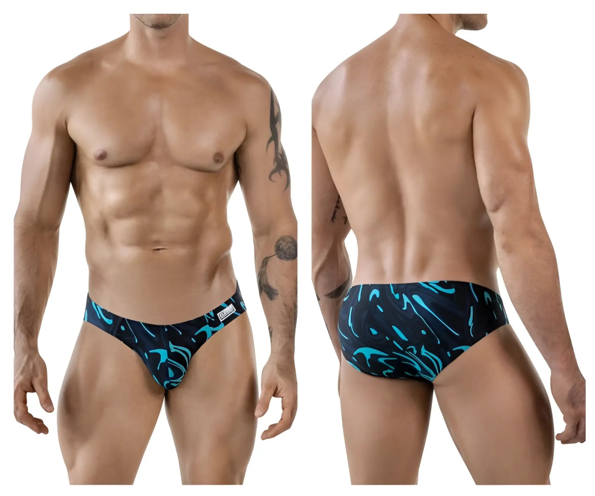 Men’s clever 1861 grosh bikini swim trunks in black and teal abstract pattern for casual beachwear