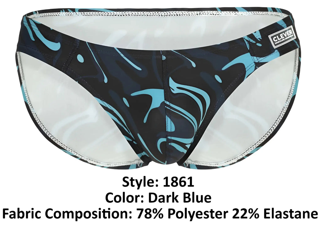 Dark blue Clever 1861 Grosh bikini swim trunks with swirling turquoise black abstract pattern and silver stitching