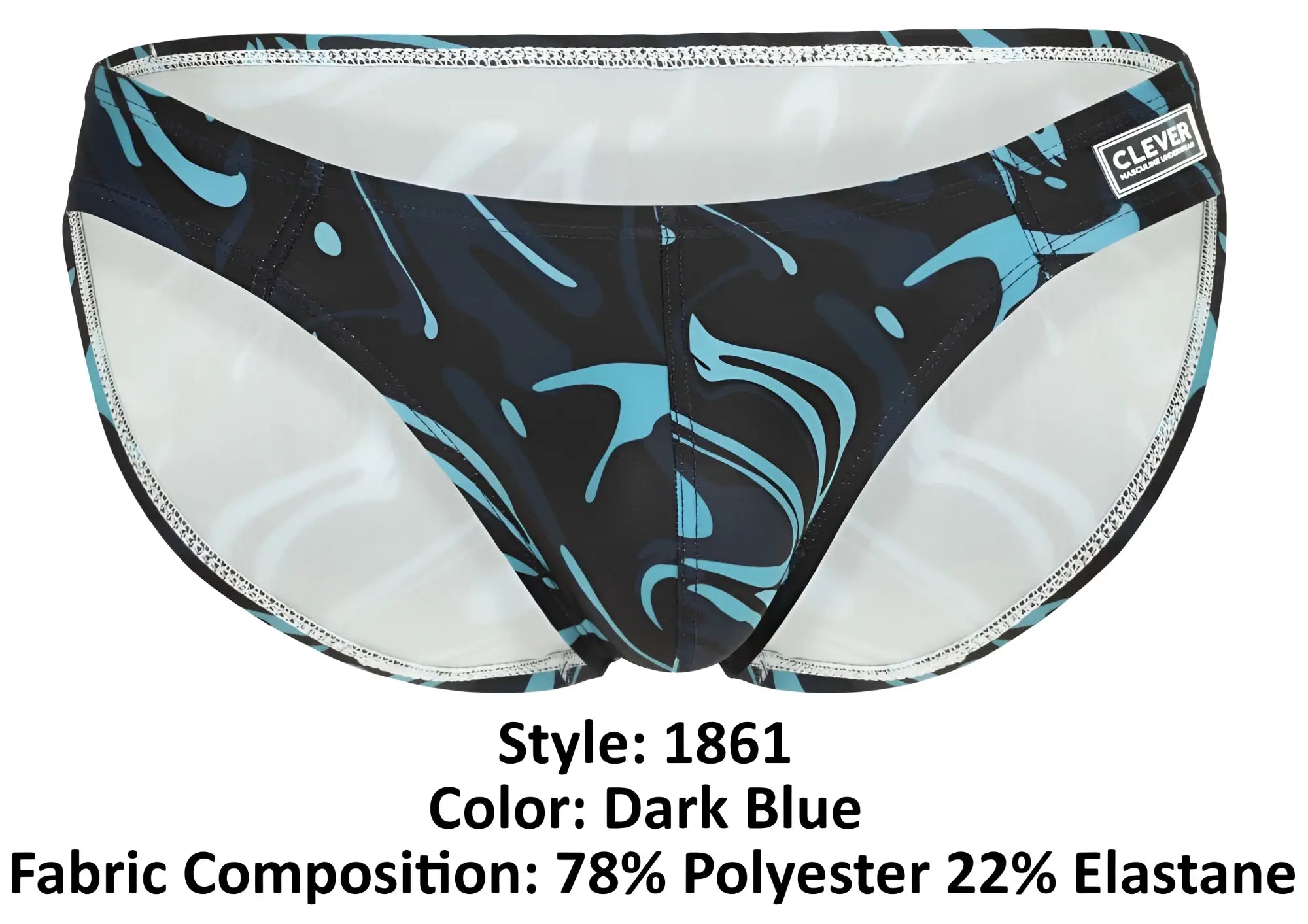 Dark blue Clever 1861 Grosh bikini swim trunks with swirling turquoise black abstract pattern and silver stitching