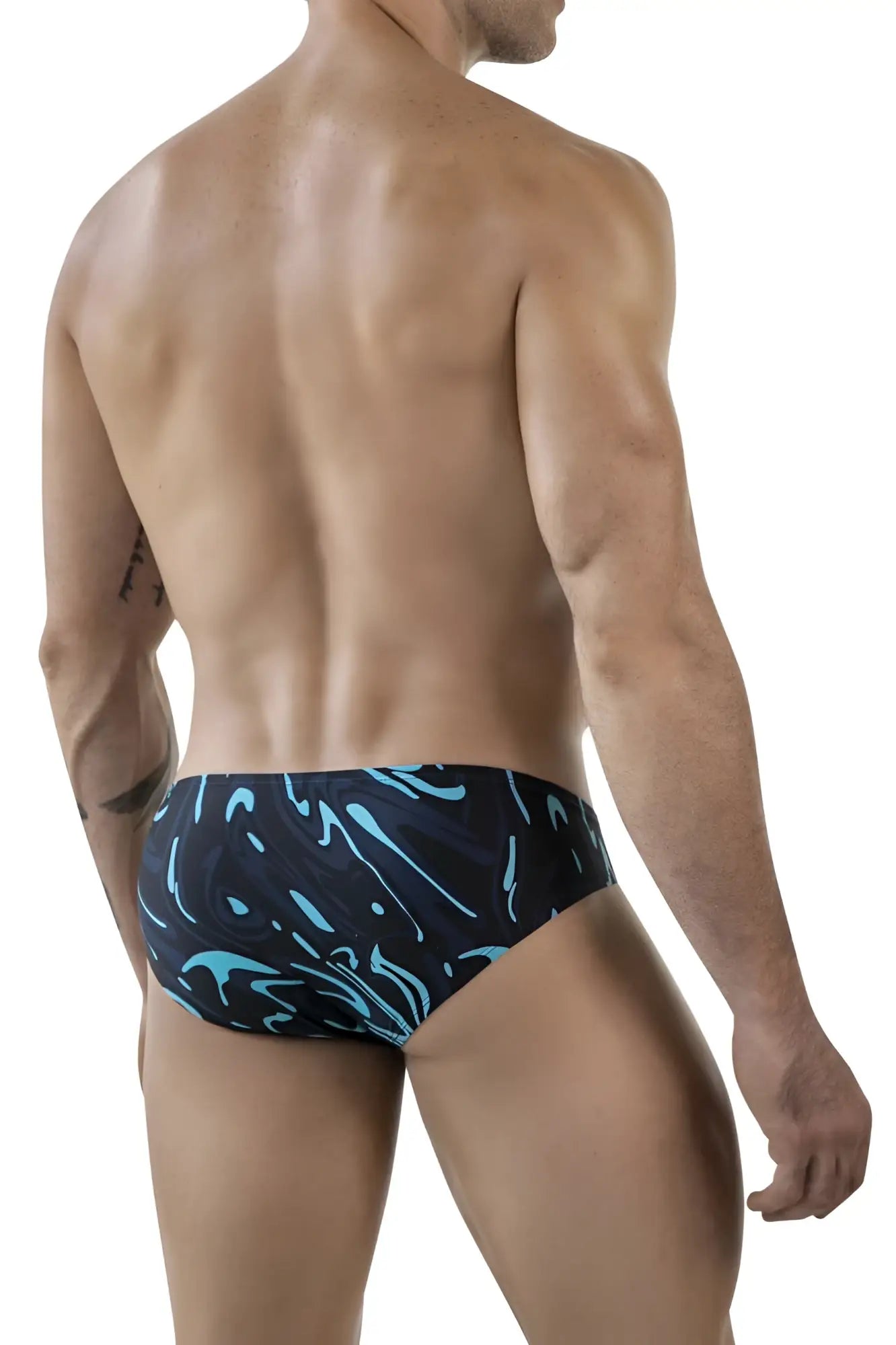 Dark blue Clever 1861 Grosh bikini swim trunks with vibrant turquoise abstract wave pattern for beachwear