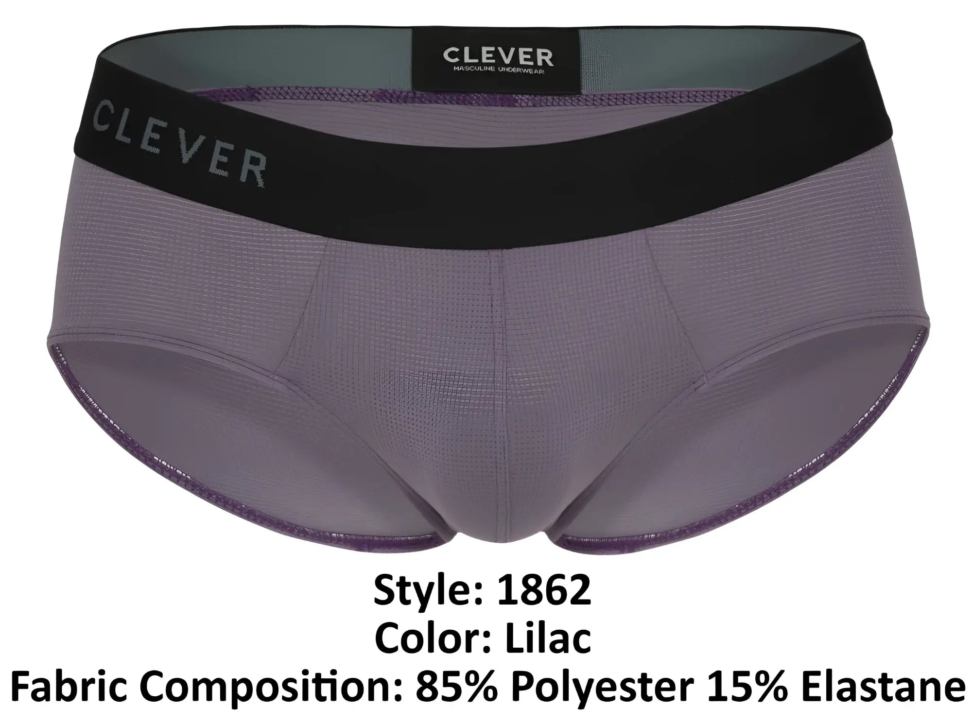 Lilac clever 1862 oneal briefs for men made of 85 polyester 15 elastane with black waistband and gray brand name
