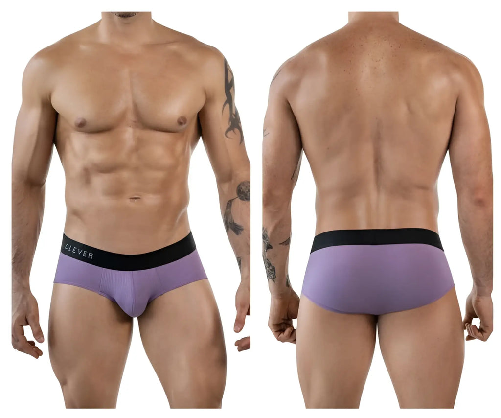 Purple textured briefs with a black elastic waistband branded clever in white lettering lilac clever 1862 oneal briefs