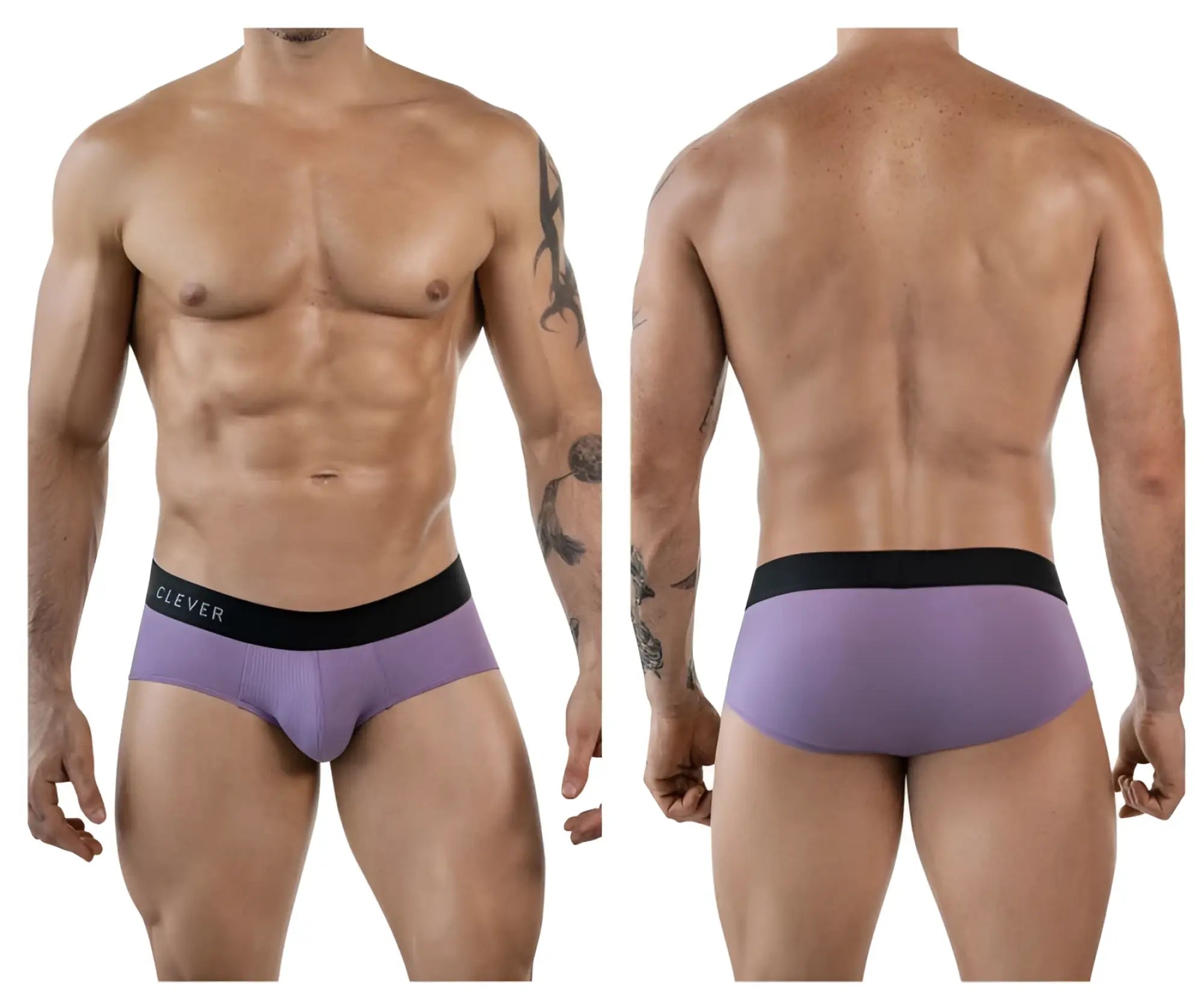 Purple textured briefs with a black elastic waistband branded clever in white lettering lilac clever 1862 oneal briefs