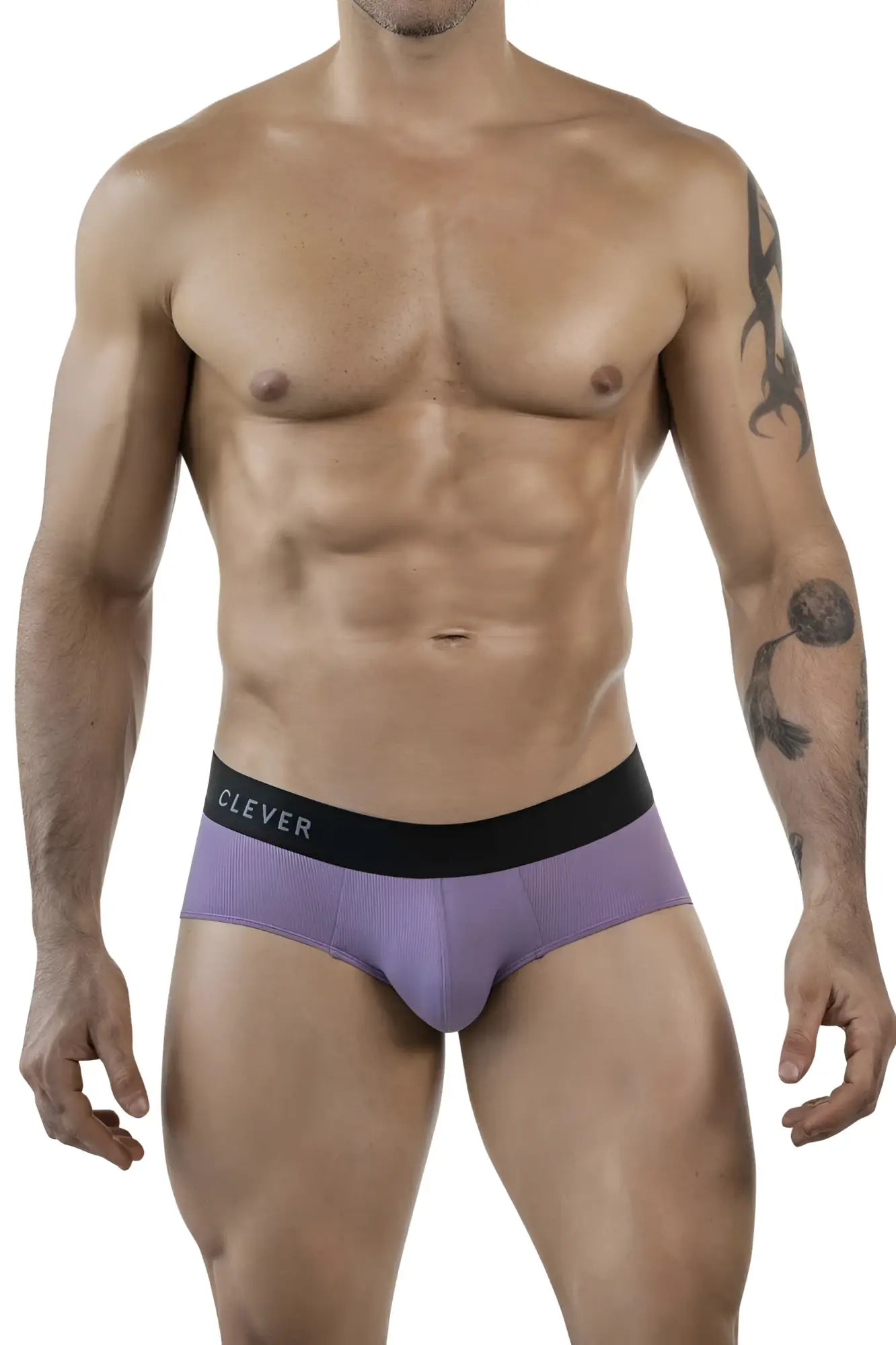 Purple textured clever 1862 oneal briefs with black waistband and white clever lettering in lilac color