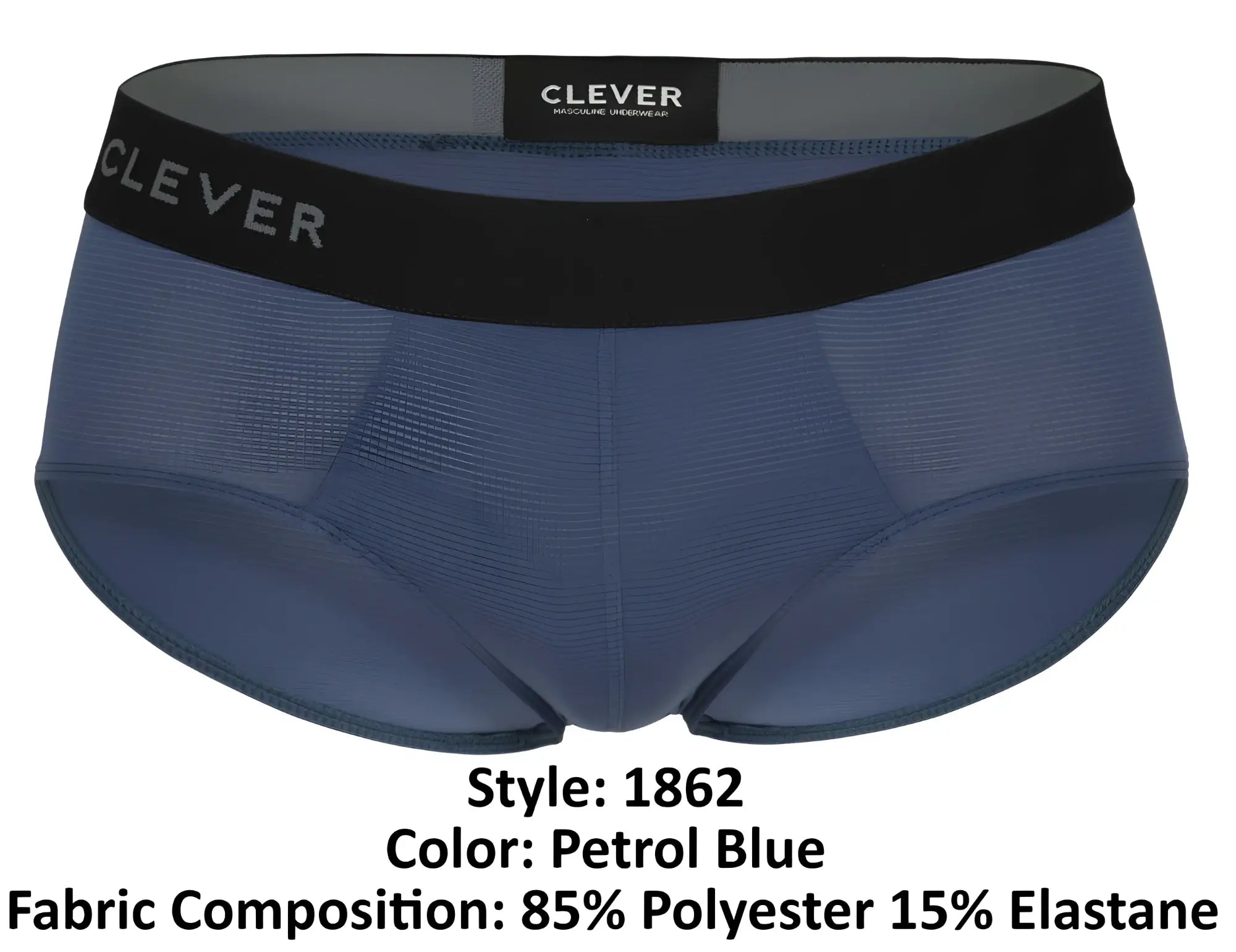 Petrol blue clever 1862 oneal briefs for men with black waistband featuring clever brand name in gray lettering