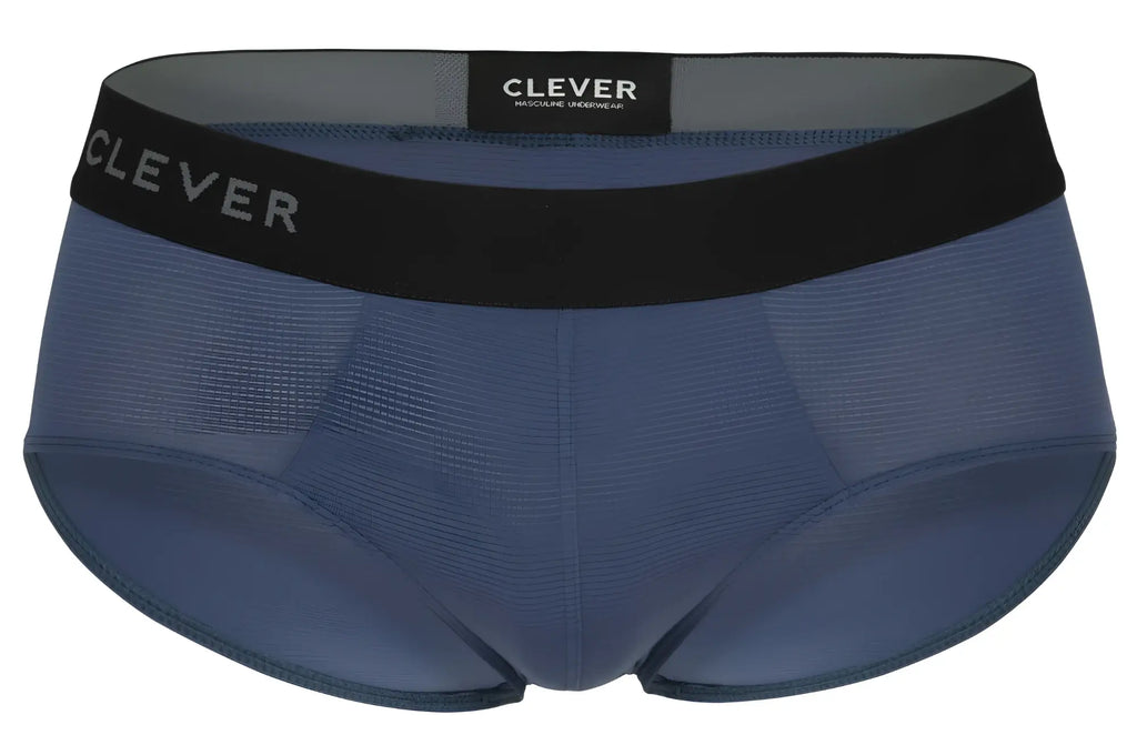 Blue clever mens briefs with a black waistband featuring clever brand name in gray lettering petrol blue color