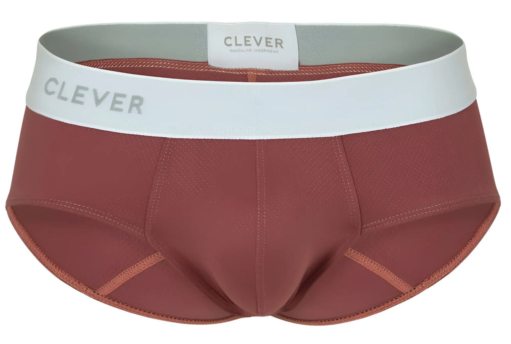 Clever 1863 Lecler briefs in rust-colored textured fabric with white elastic waistband featuring Clever logo