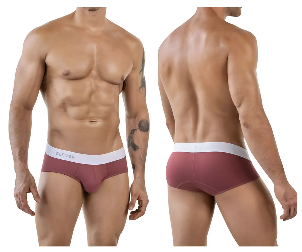Maroon clever 1863 lecler briefs with a white waistband and gray clever logo for comfortable everyday wear