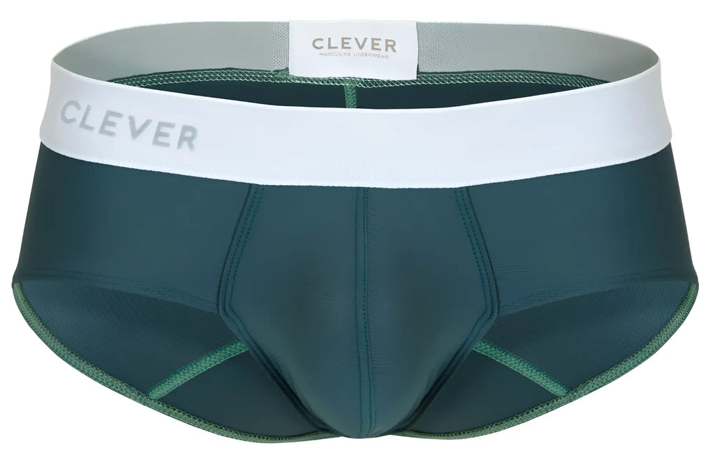 Dark green clever 1863 lecler briefs with white elastic waistband and gray clever brand lettering