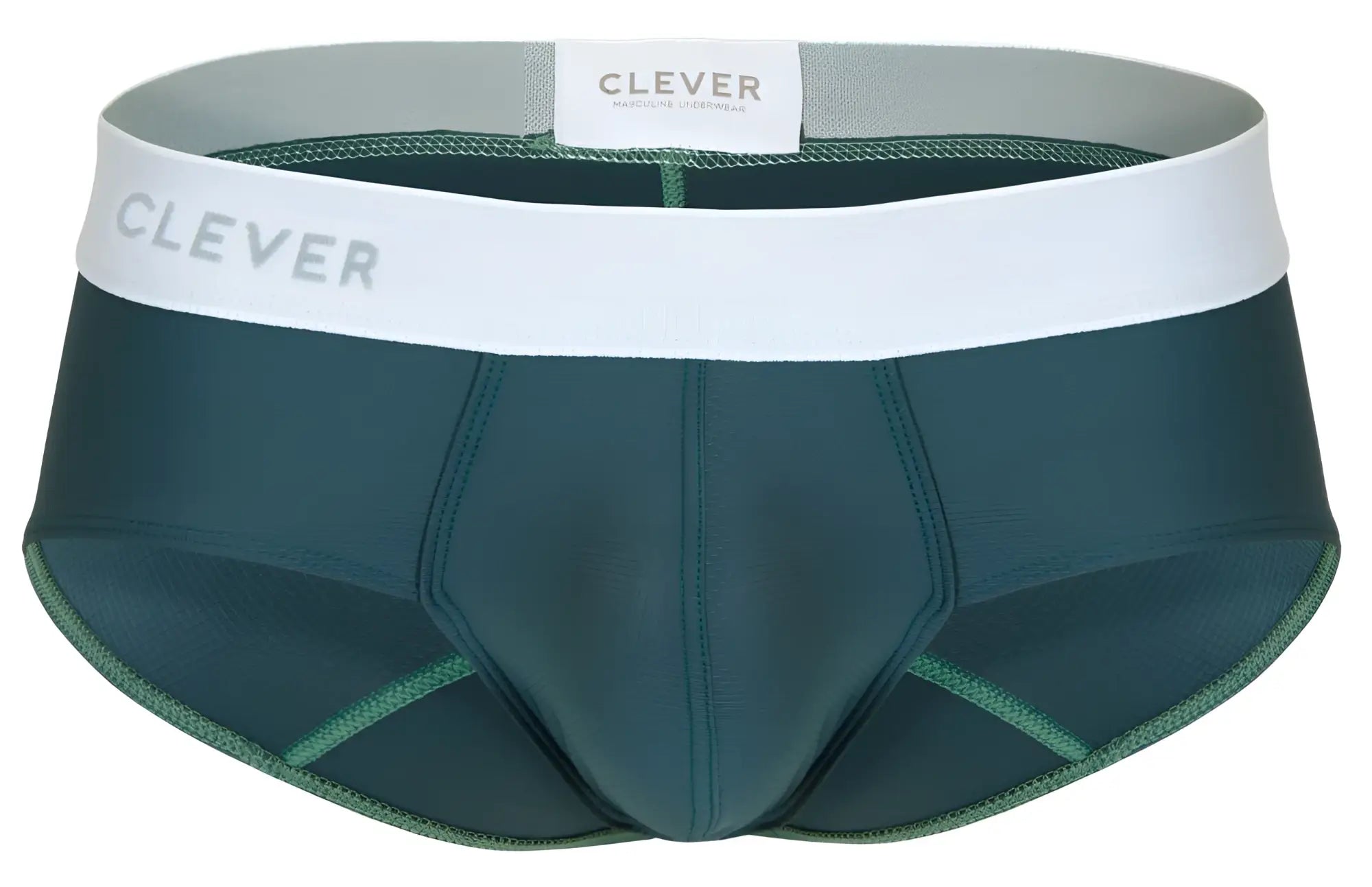 Dark green clever 1863 lecler briefs with white elastic waistband and gray clever brand lettering