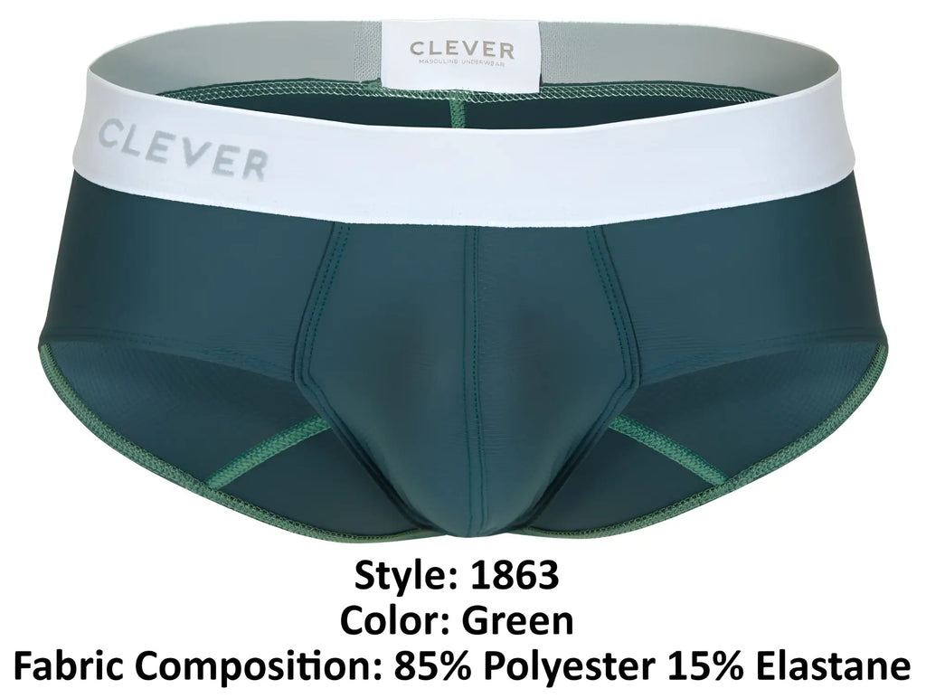 Dark green clever 1863 lecler men’s briefs with white waistband and gray clever branding in soft fabric