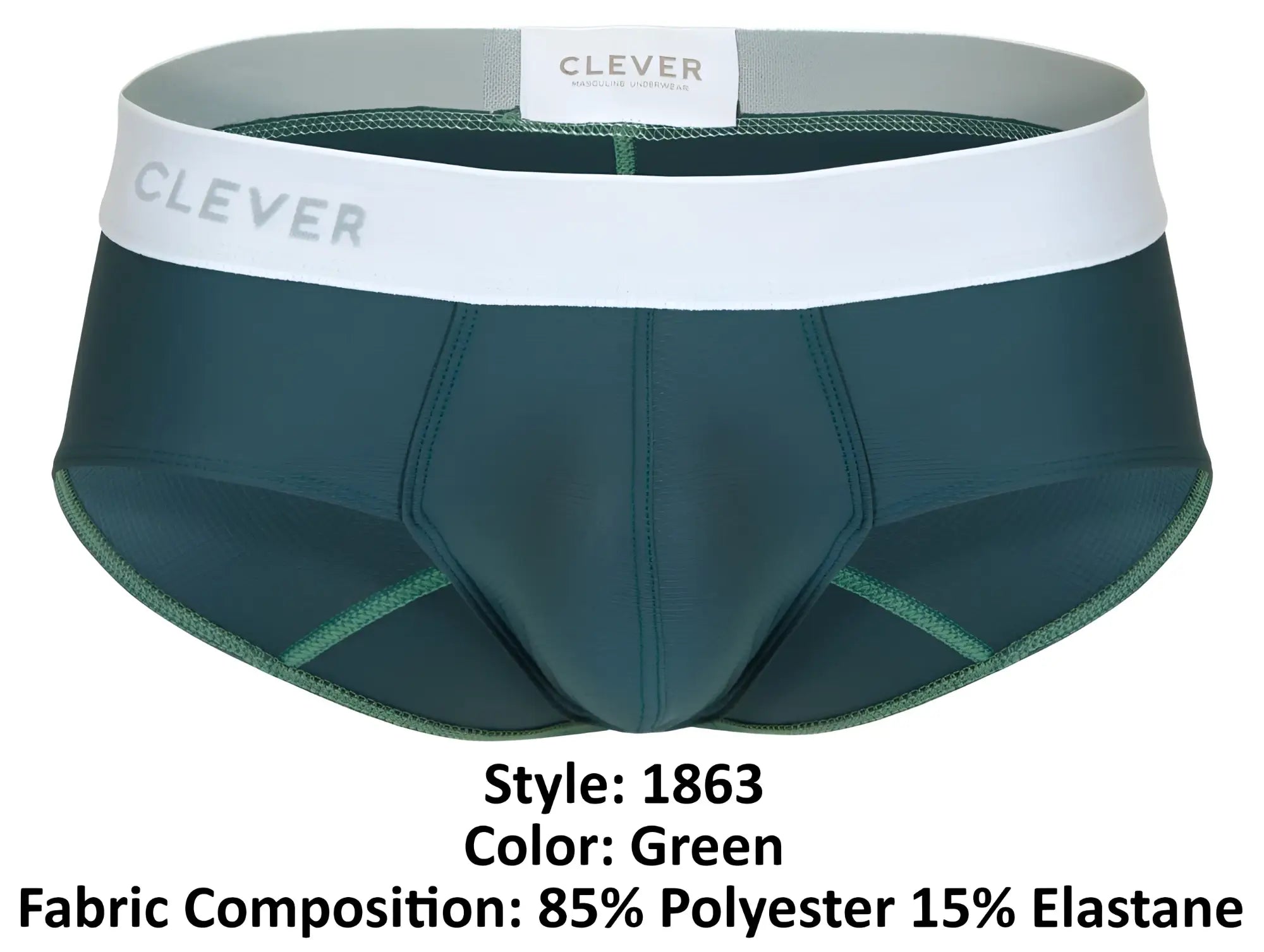 Dark green clever 1863 lecler men’s briefs with white waistband and gray clever branding in soft fabric