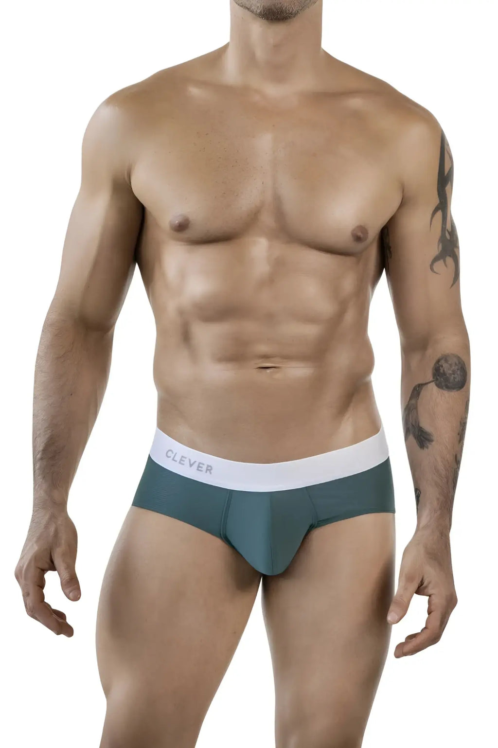 Teal colored clever 1863 lecler men’s briefs with a white waistband and gray clever branding for comfortable wear