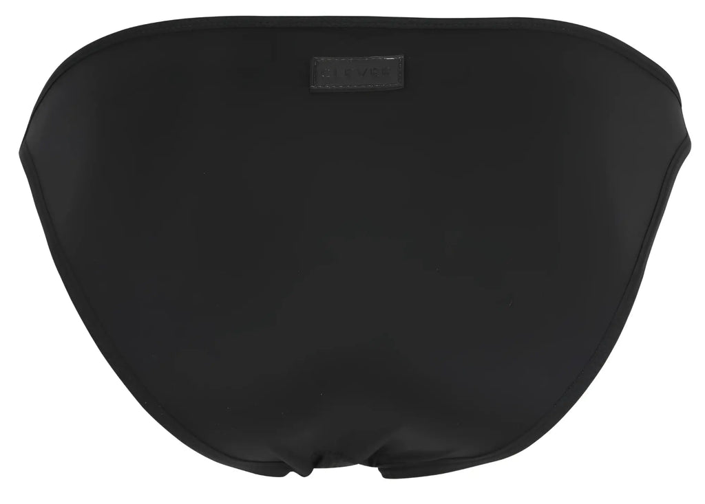 Black satin clever 1865 oomph bikini bottom in black with a subtle sheen and small rectangular brand tag at top center