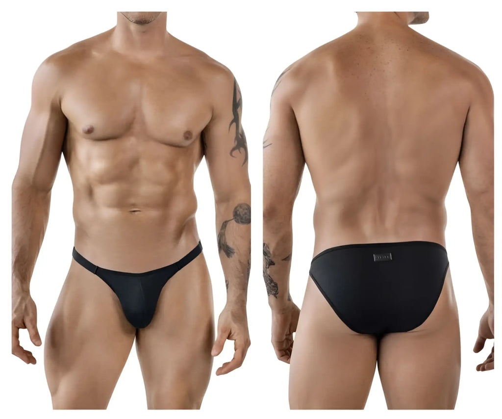 Black clever 1865 oomph bikini briefs in smooth stretchy fabric showing backside with subtle brand tag