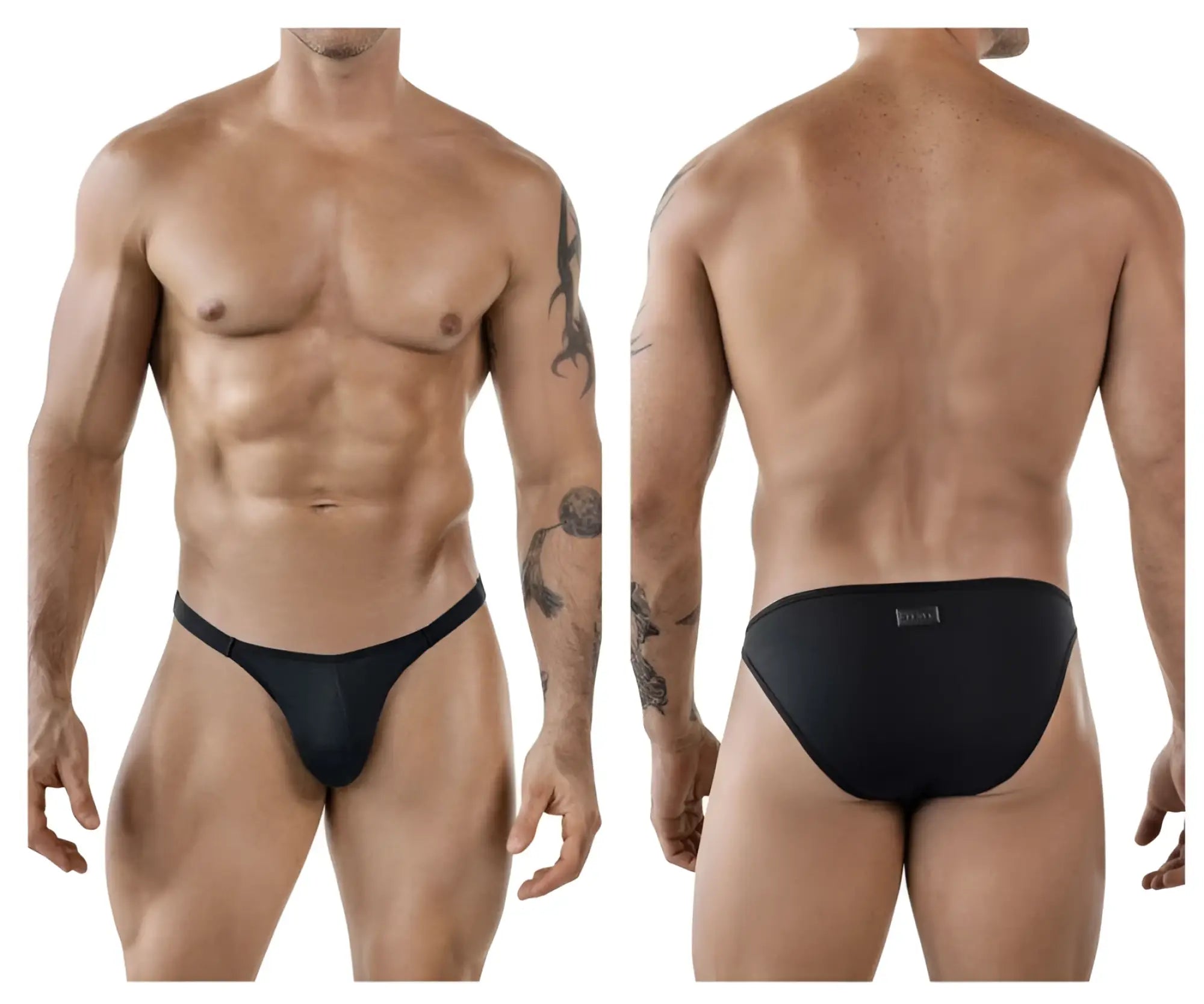 Black clever 1865 oomph bikini briefs in smooth stretchy fabric showing backside with subtle brand tag