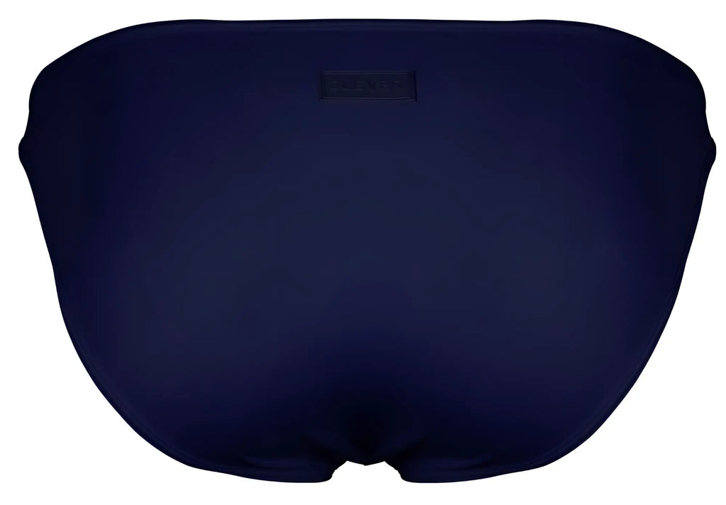 Navy blue clever 1865 oomph bikini swim trunks with a small rectangular brand tag on the waistband