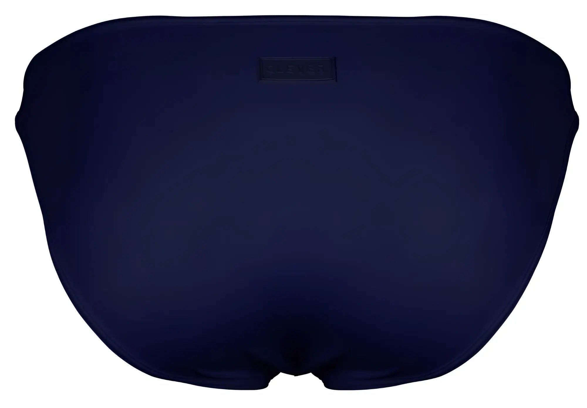 Navy blue clever 1865 oomph bikini swim trunks with a small rectangular brand tag on the waistband