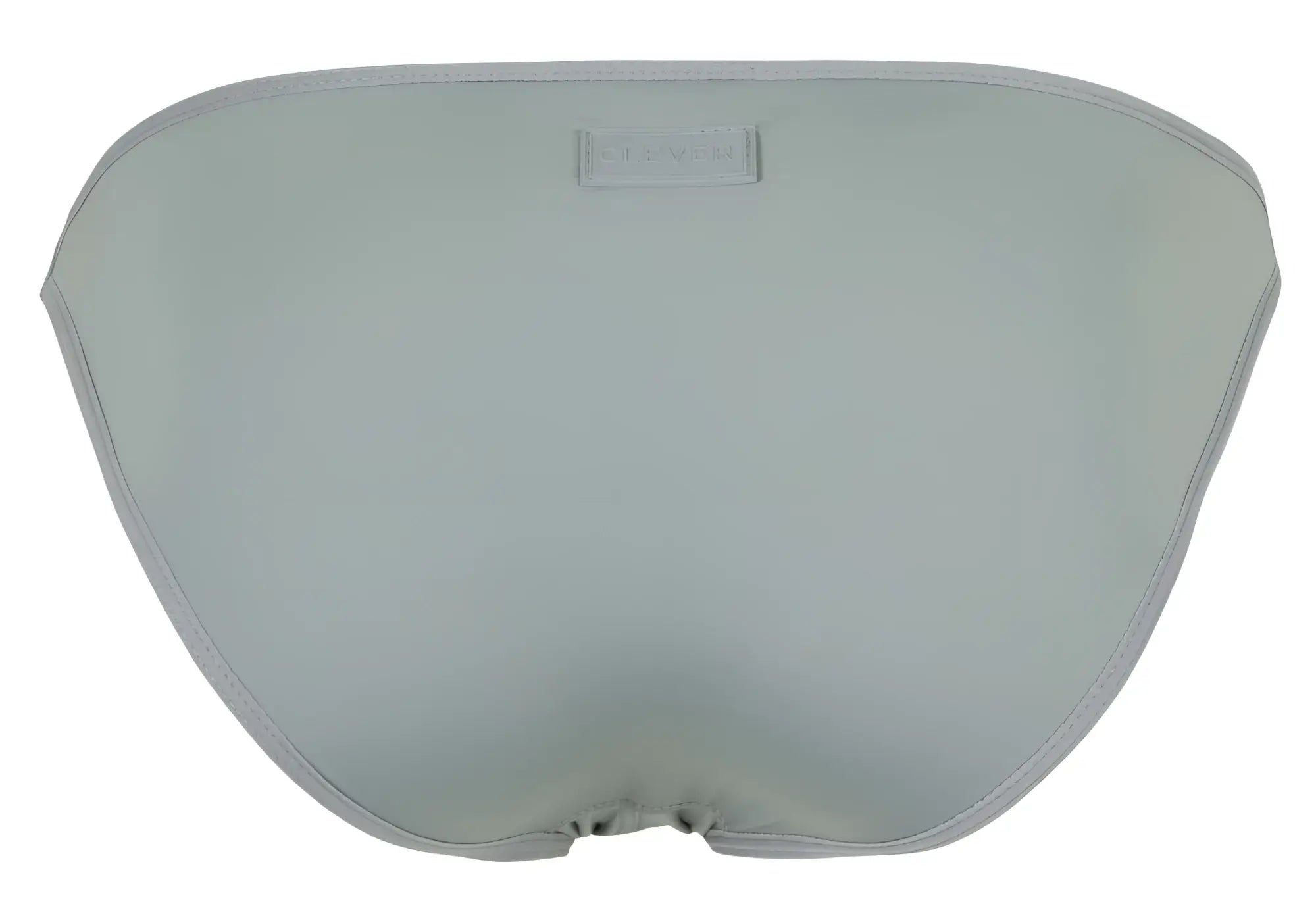 Light gray satin Oomph bikini bottom with subtle seam and small rectangular brand tag by Clever 1865