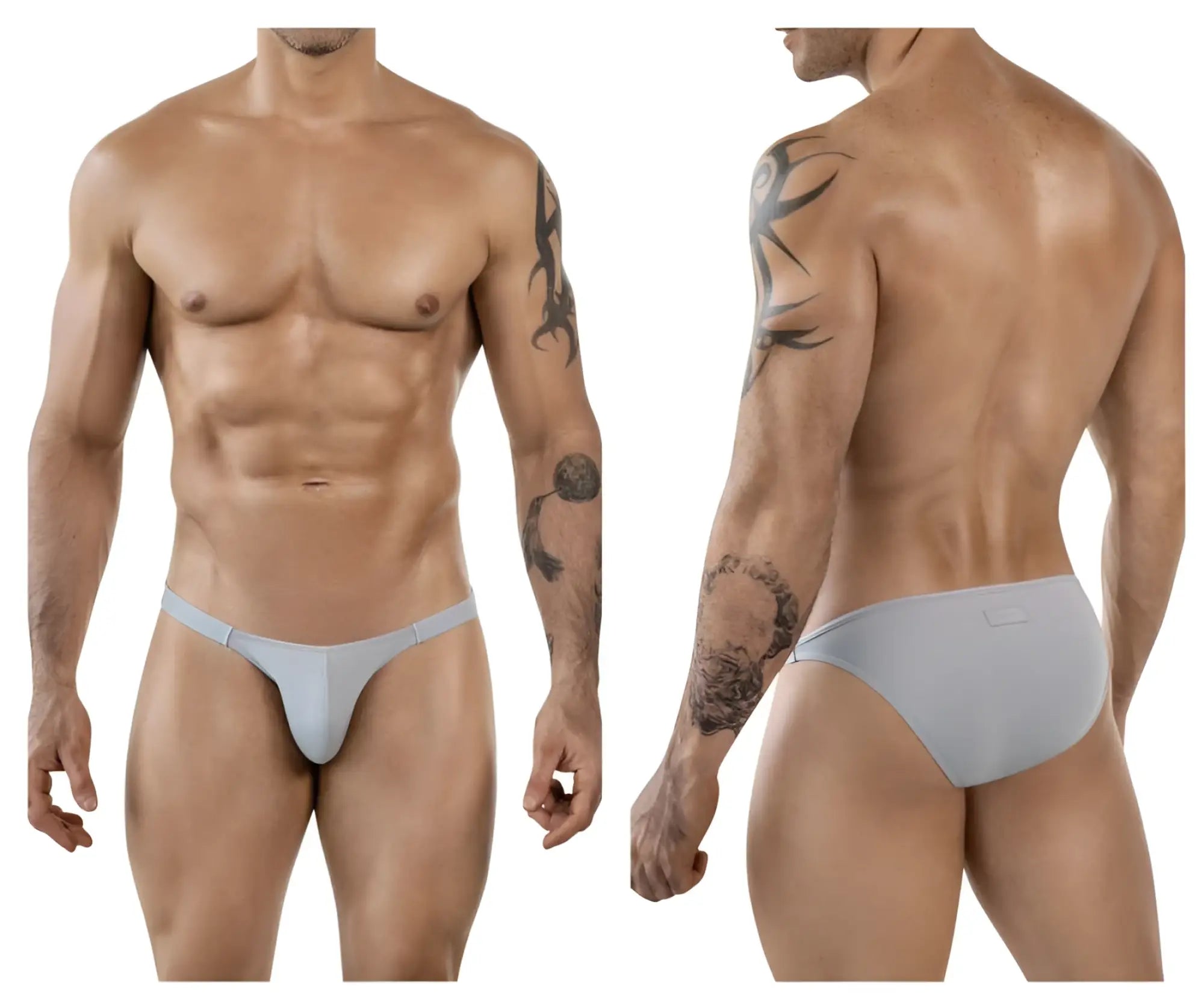 Light gray seamless form-fitting men’s briefs with smooth fabric finish from Clever 1865 Oomph Bikini Color Gray collection