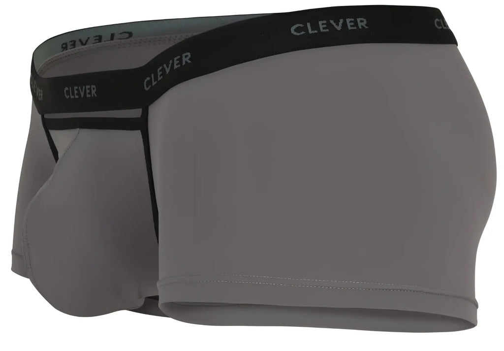 Gray men’s boxer briefs with black elastic waistband and clever branding in white lettering from clever 1866 tokio trunks
