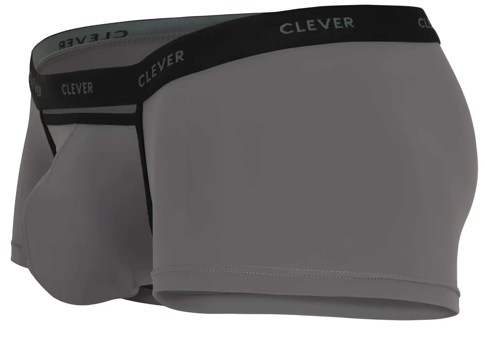 Gray men’s boxer briefs with black elastic waistband and clever branding in white lettering from clever 1866 tokio trunks