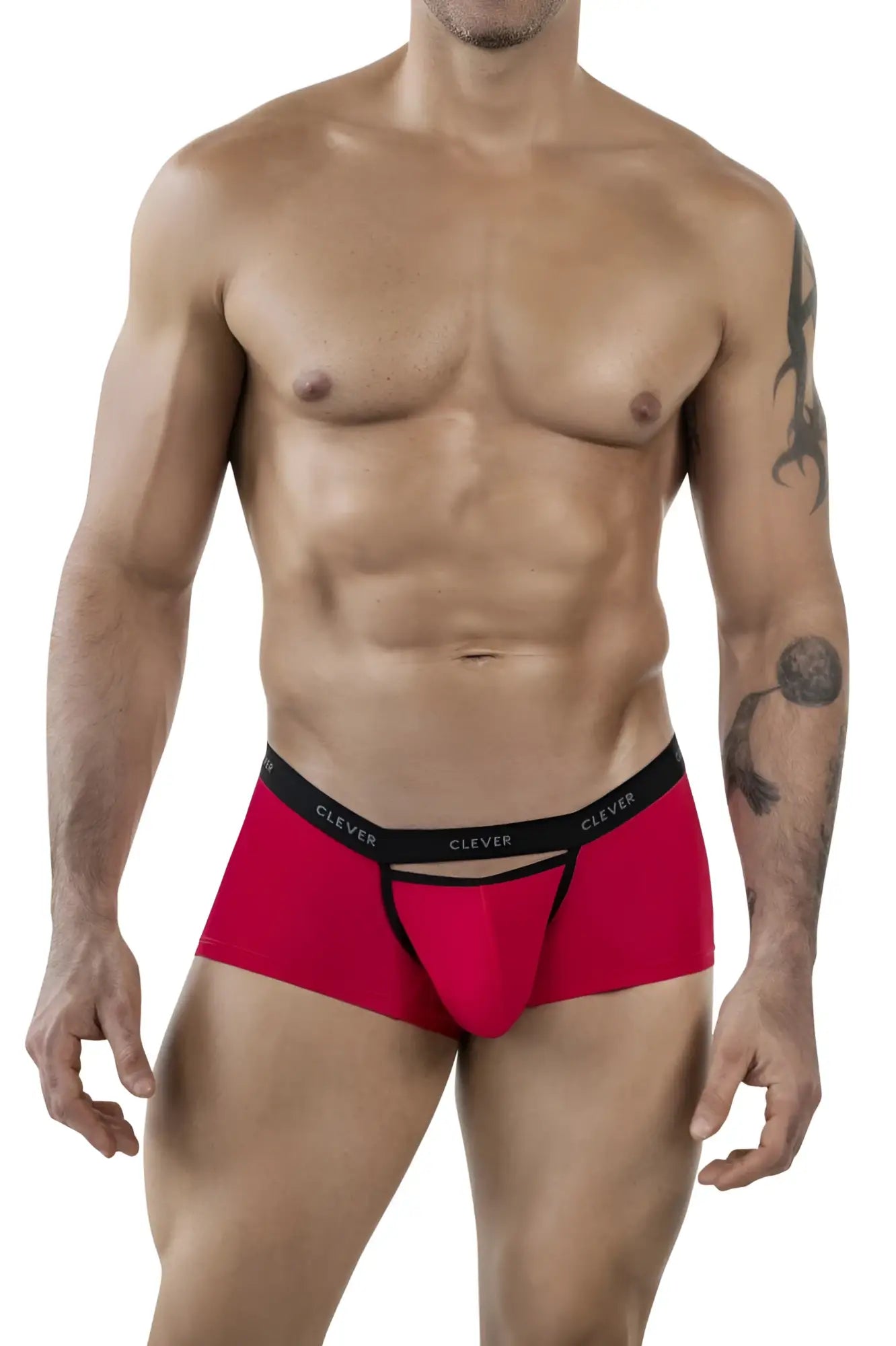 Red men’s boxer briefs with black elastic waistband and clever brand name printed in white clever 1866 tokio trunks